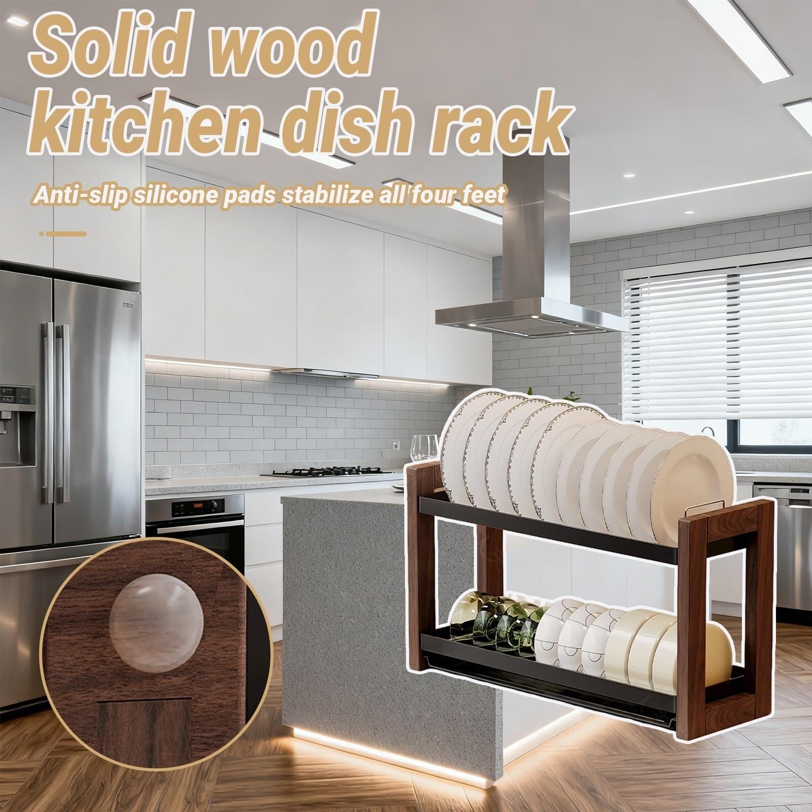 Scolapiatti in legno a 2 livelli, scolapiatti pieghevole scolapiatti | Portautensili con set portaposate for utensili da cucina