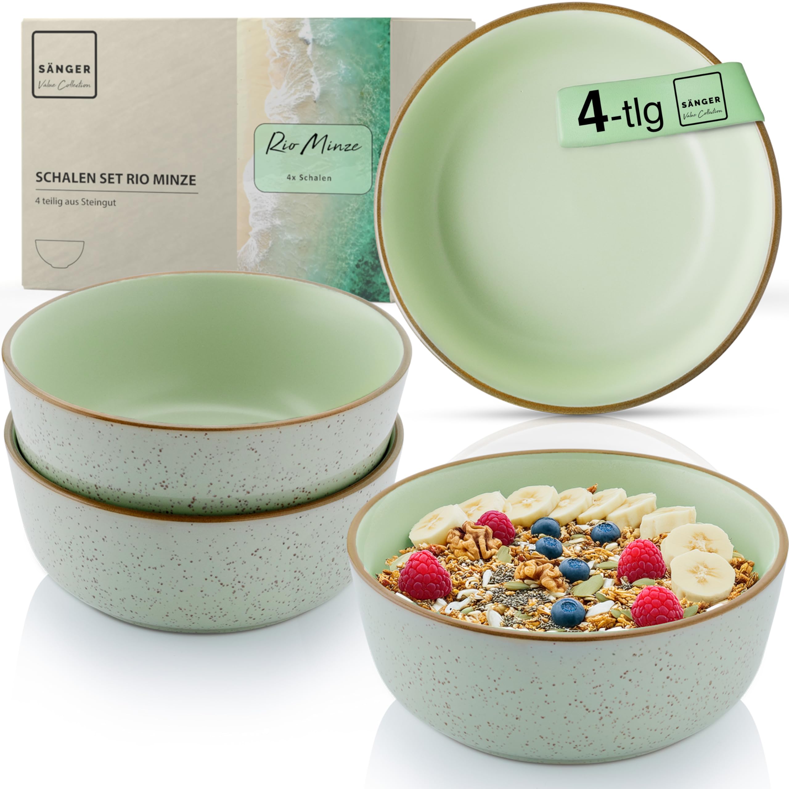 SÄNGER Rio Minze | Steingut Schüssel Set 4 teilig, Müslischalen für 4 Personen, Schalen multifunktional, kratz- mikrowellen- spülmaschinenfest, Tiefe Teller mintgrün 600 ml | VALUE COLLECTION