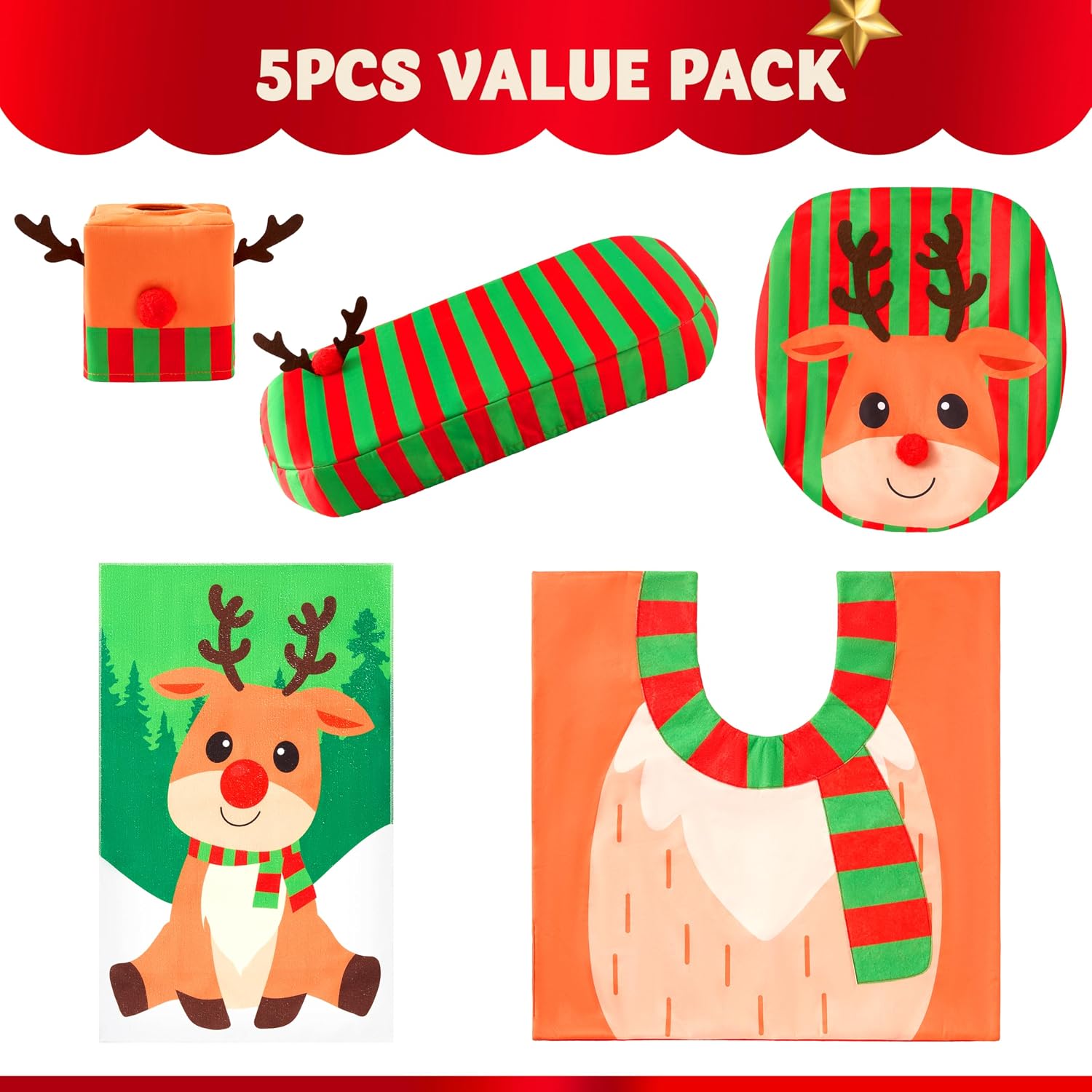 JOYIN 5 Pieces Christmas Reindeer Bathroom Decoration Set with Toilet Seat Cover, Tank Cover, Toilet Paper Cover, Xmas Bathroom Indoor Decor for Holiday Use Party Favors