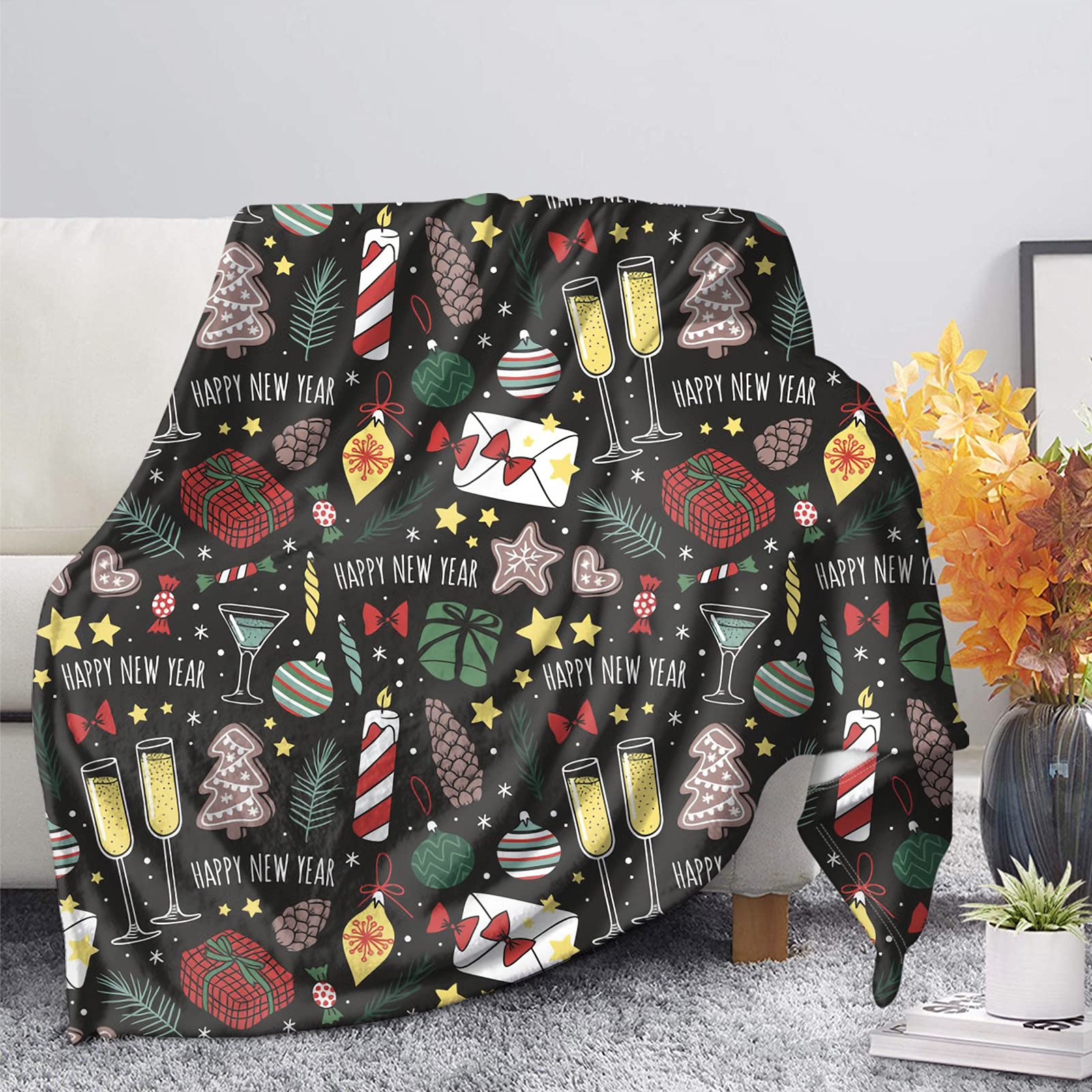 HUGS IDEA Xmas Blanket Gingerbread Stars Pine Leaves Candy Pattern for Winter Warm Heavy Throw & Blankets Dormessential, Merry Christmas & Happy New Year-XS — image 1