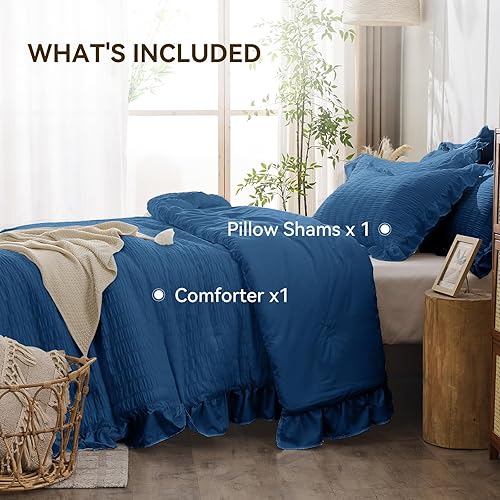 Miniatura 201 de JOLLYVOGUE - Juego de edredón tamaño queen, de 3 piezas, estilo seersucker, ligero y esponjoso para todas las estaciones, con 1 edredón con volantes