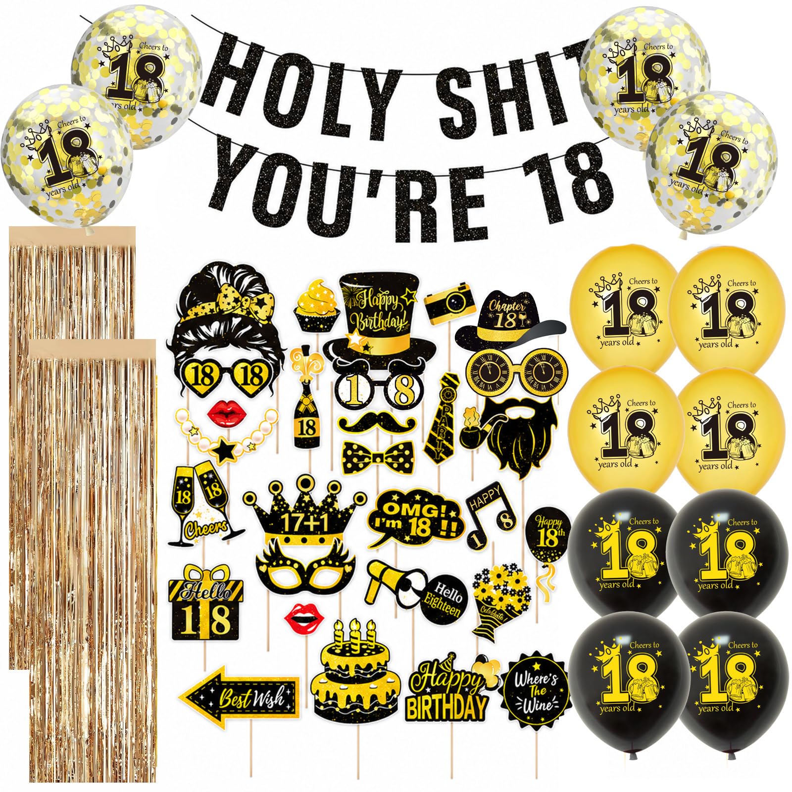 AURALIN Birthday Decorations Set, Black Gold Photo Booth Props Kit with Balloons, Foil Fringe Curtain Backdrop and Funny Banner, Milestone Party Supplies for Adult Celebration Photos (18th)