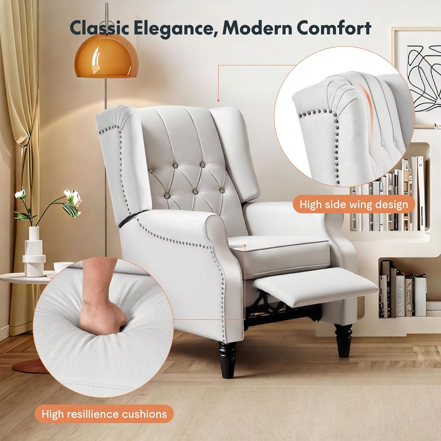 Softa Recliner Chair for Adults, Mid Century Wingback Pushback Accent Chair with Rivet Decoration, Tufted Upholstered Single Sofa Armchair for Living Room, Bedroom, Study (Fabric, White)