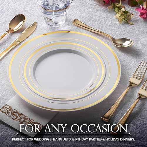 Miniatura 6 de Platos de plástico desechables de 10.25 pulgadas (paquete de 100) platos de boda blancos y dorados, juego de 100 invitados, elegantes platos de
