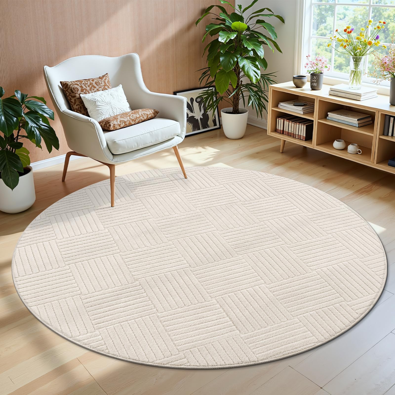 Homdeco Tapis rond doux et moelleux pour salon, tapis d'intérieur moderne, antidérapant et antidérapant pour salon, chambre d'enfant et salle à manger, 160 cm, beige