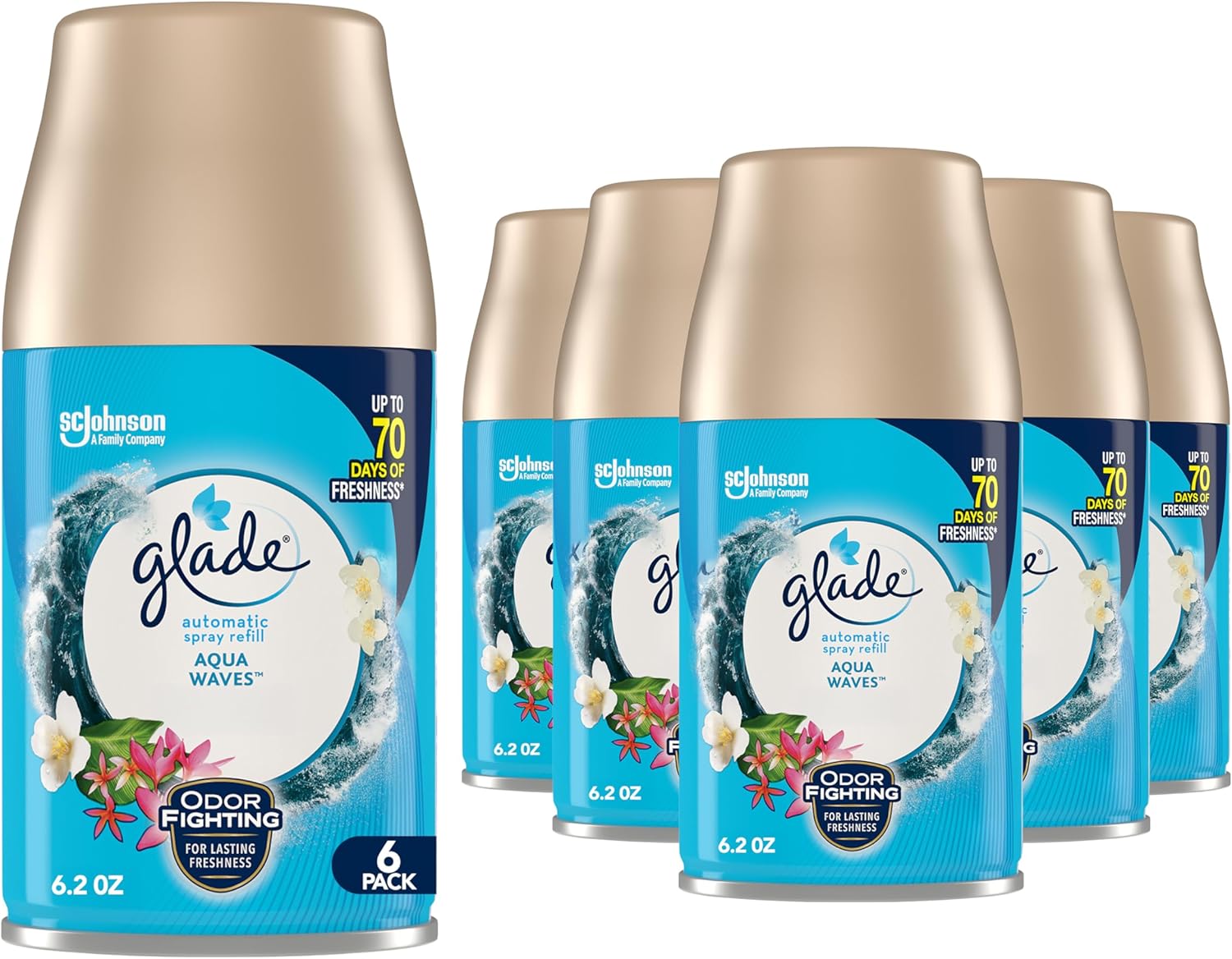Glade Automatic Spray Refill, Air Freshener for Home and Bathroom, Aqua Waves, 6.2 Oz, 6 Count