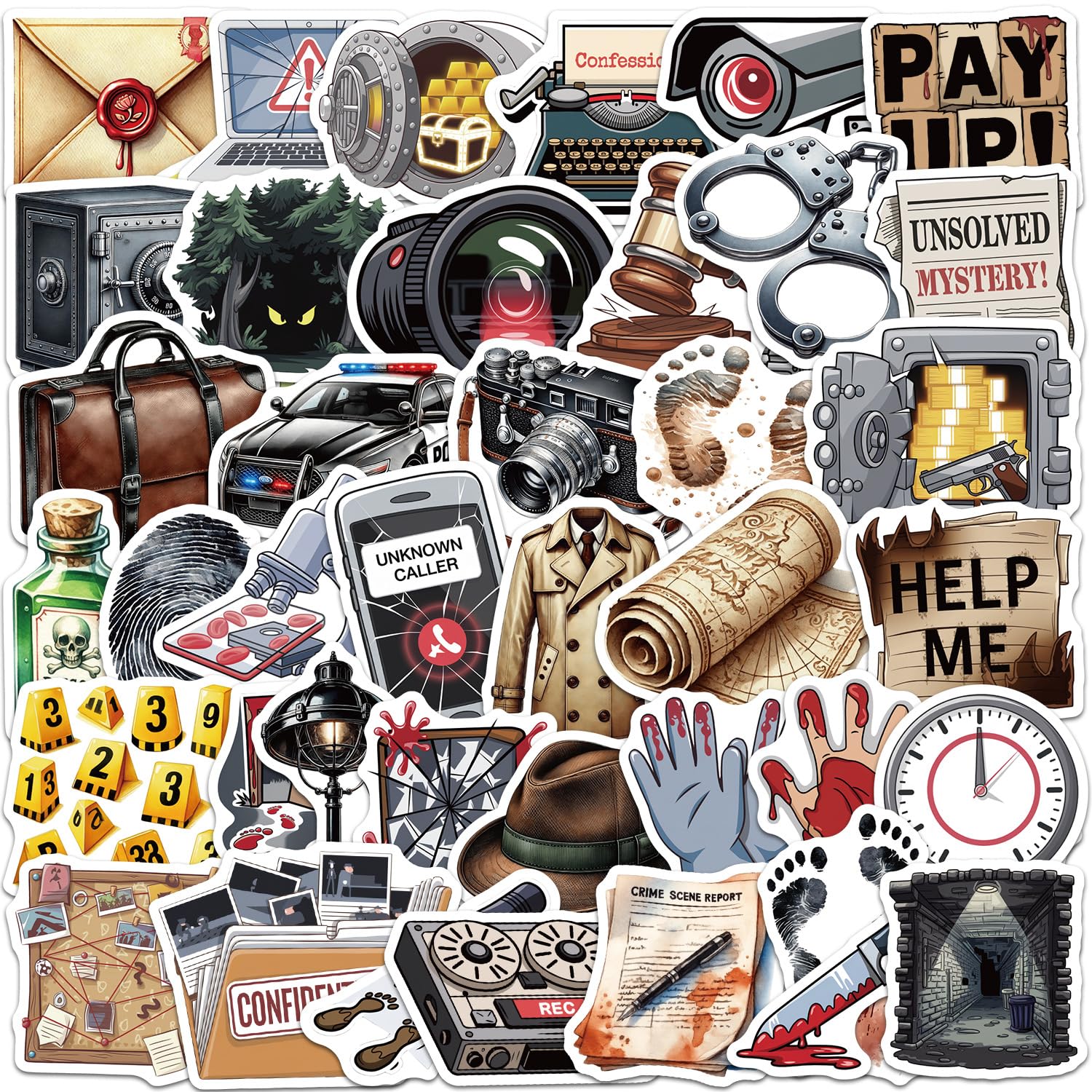 Detective Crime Vinyl Stickers Waterproof Self-Adhesive Pack of 50
