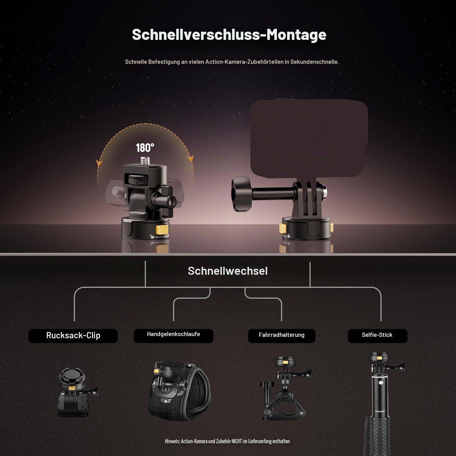 NEEWER 4 in 1 Action Kamera Halterung Set, kompatibel mit Hero 13 12 11 Max DJI Osmo Action Insta360, Magnetische Metall Quick Release Mount mit 1/4" Gewinde und Klappfingern für POV Aufnahmen, GP-23