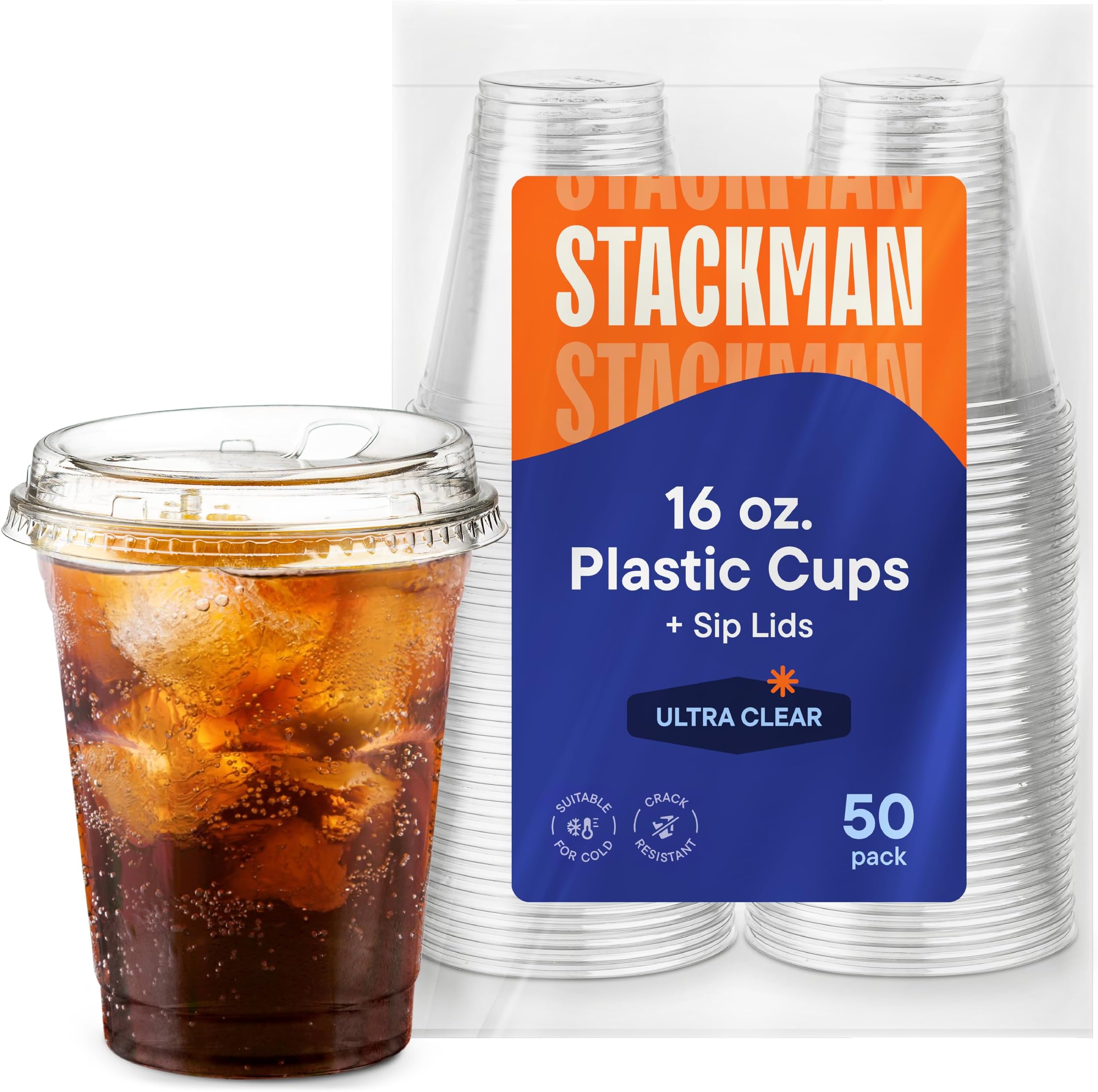 16 oz Clear Plastic Cups with Strawless Sip-Lids [50 Sets] PET Crystal Clear Disposable 16oz Plastic Cups with Lids - Crystal Clear, Durable Cup - BPA Free + Crack Resistant, for Coffee, Juice, Shakes