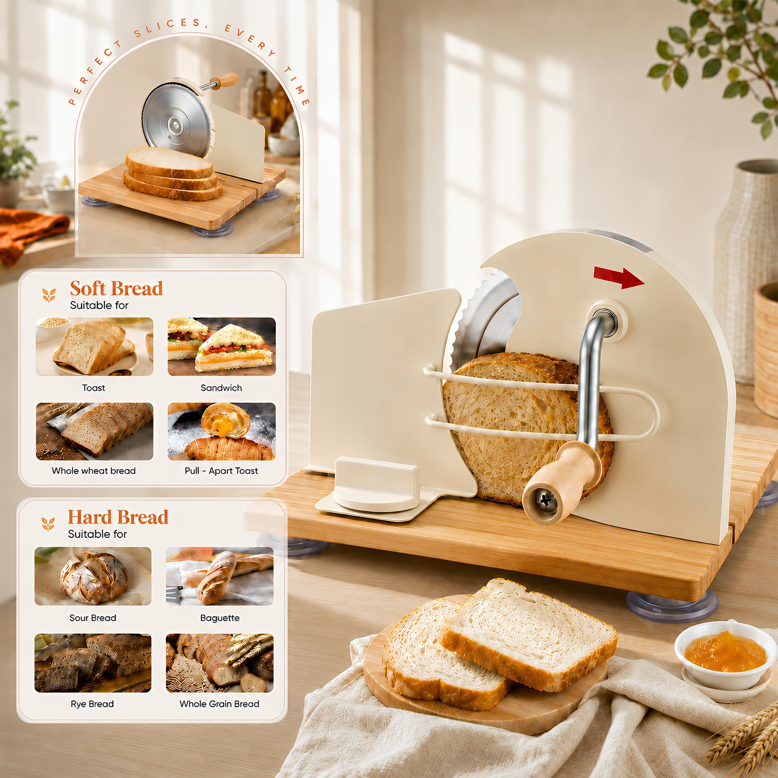 Trancheuse à pain manuelle avec manivelle et ventouses et antidérapantes | Épaisseur Réglable 0-20 mm, Trancheuse Manuelle à Manivelle avec Lame Acier Inox 304, Pliable pour Maison, Café, Boulangerie