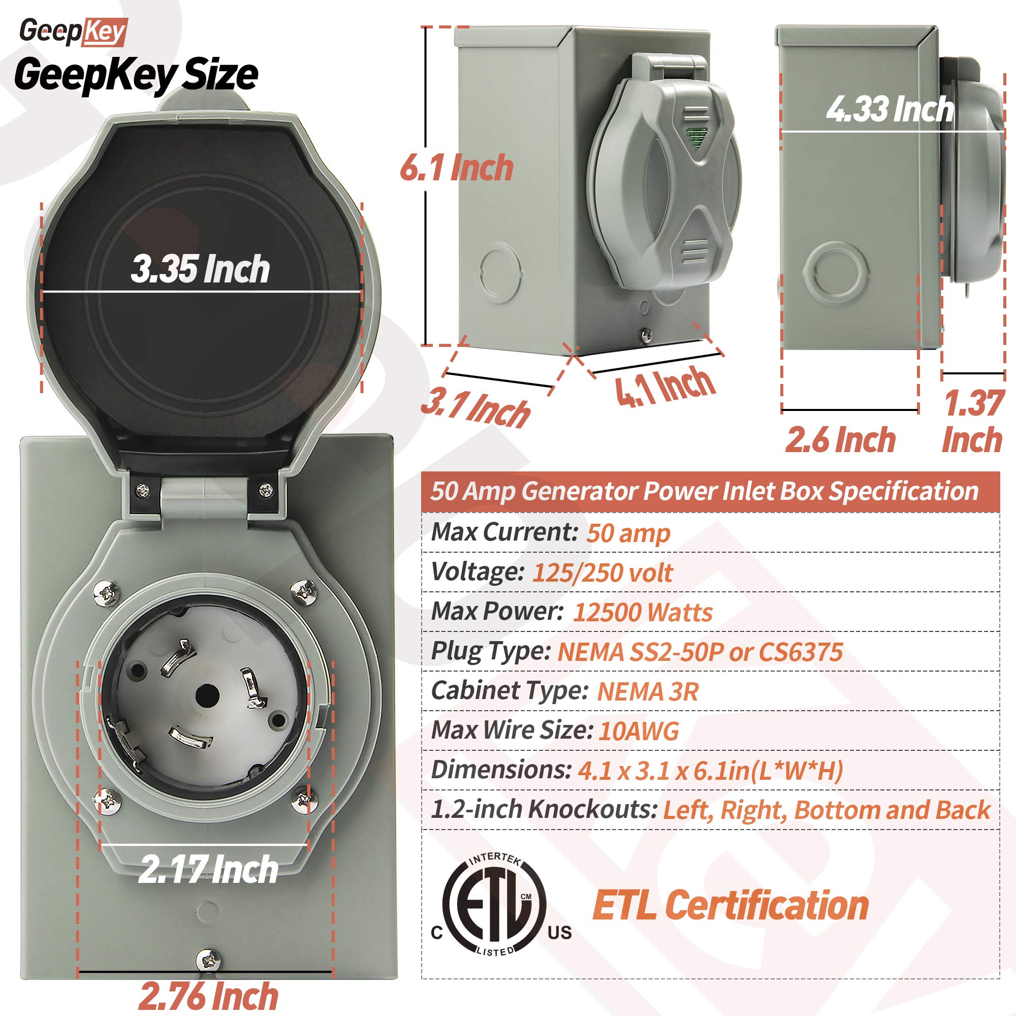 GeepKey Latest 50 Amp Generator Power Inlet Box, NEMA 3R Generator