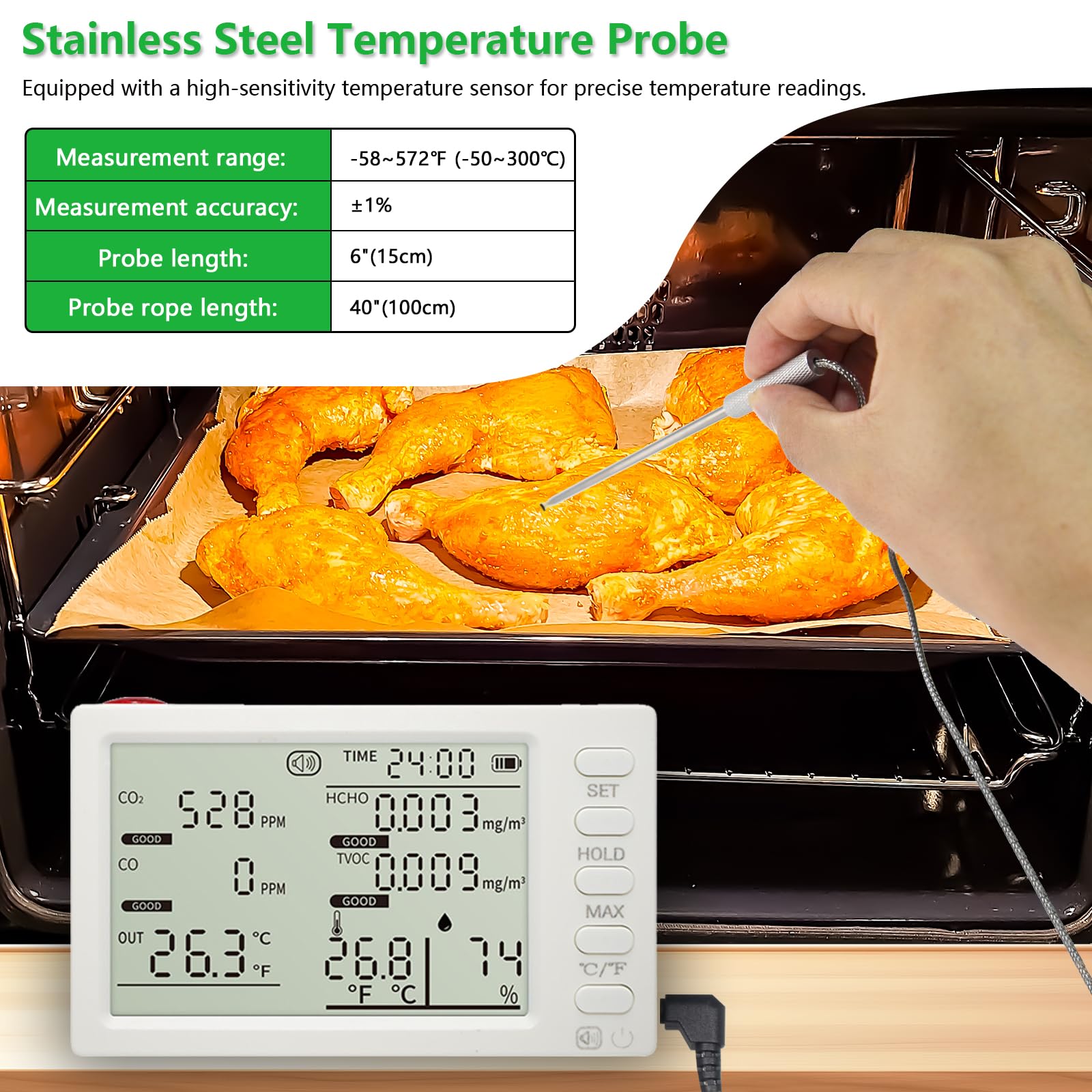 Detector de calidad del aire y termómetro de carne con sonda larga, CO, CO2, HCHO, TVOC, humedad, tiempo y monitor de temperatura ambiente, temporizador de cocina, lectura instantánea de