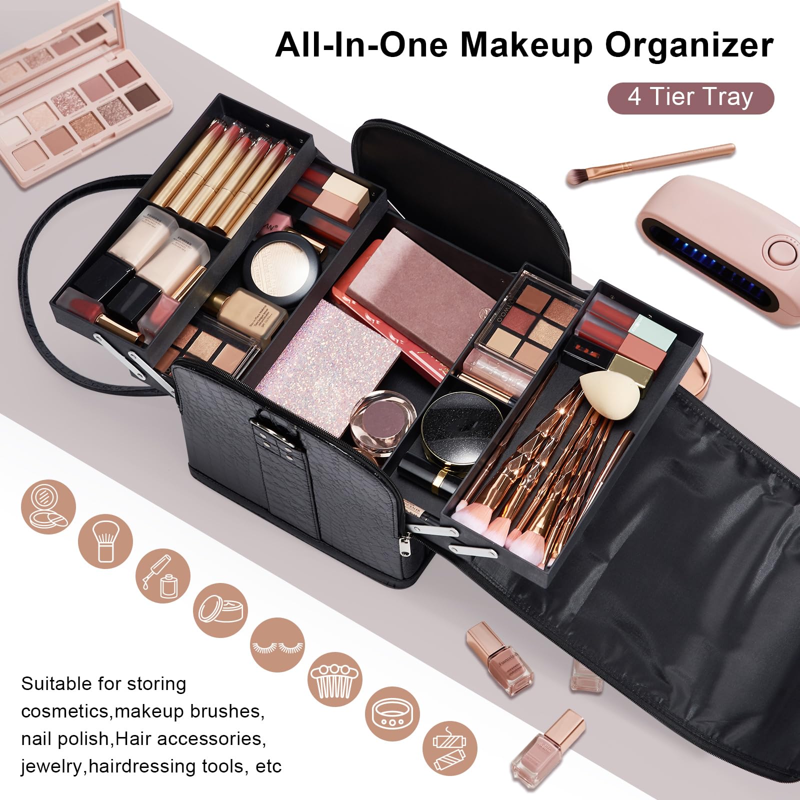 Joligrace Beauty case da viaggio per cosmetici, beauty box, nail art, parrucchiere, organizer con tracolla, Grande nero., moderno