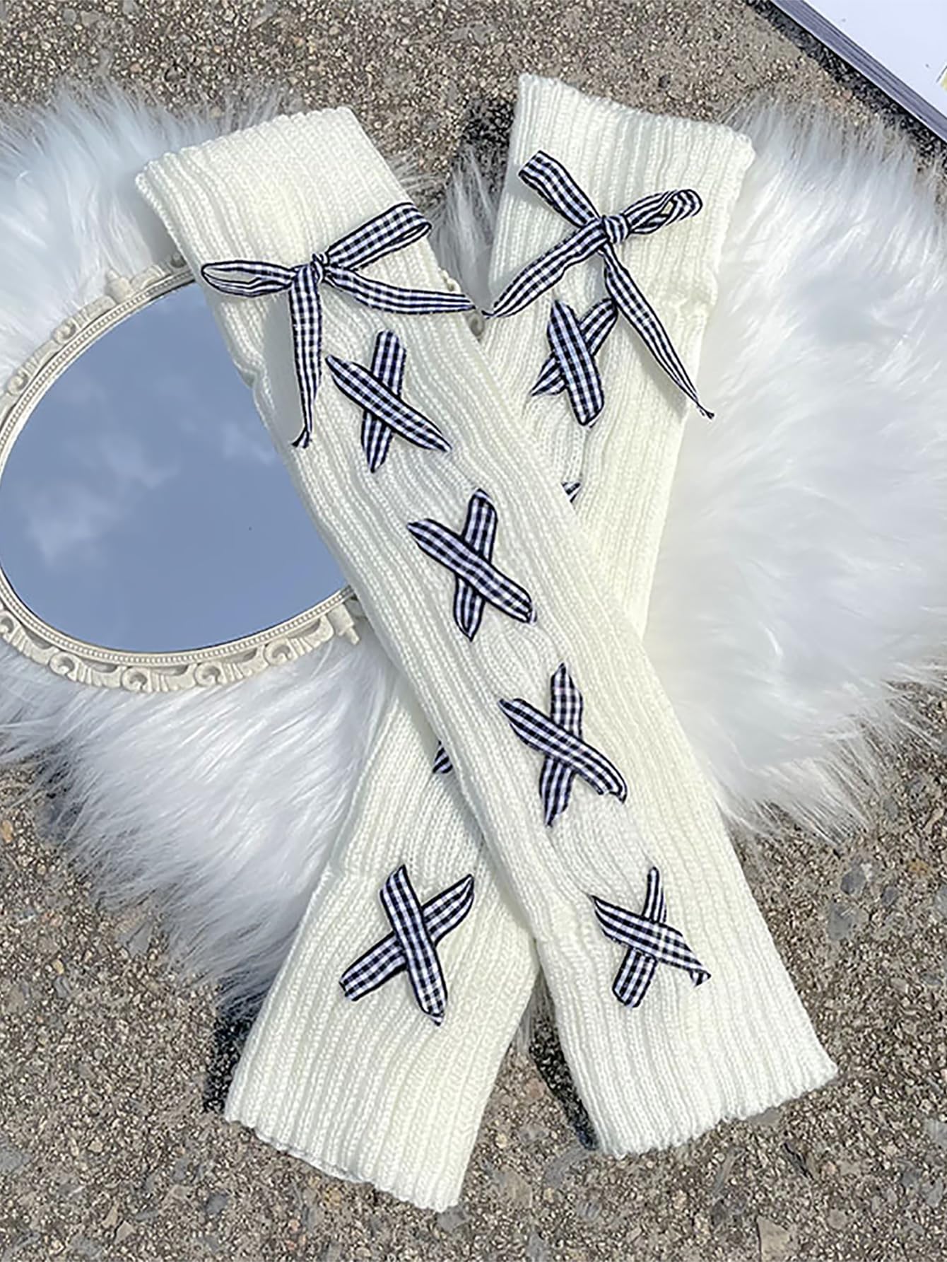 SHENHE Women's Y2K Coquette Bow Leg Warmers Cute Knit Stacked Ballet 80s Leg Warm Boot Socks: One-Size White Deep Blue