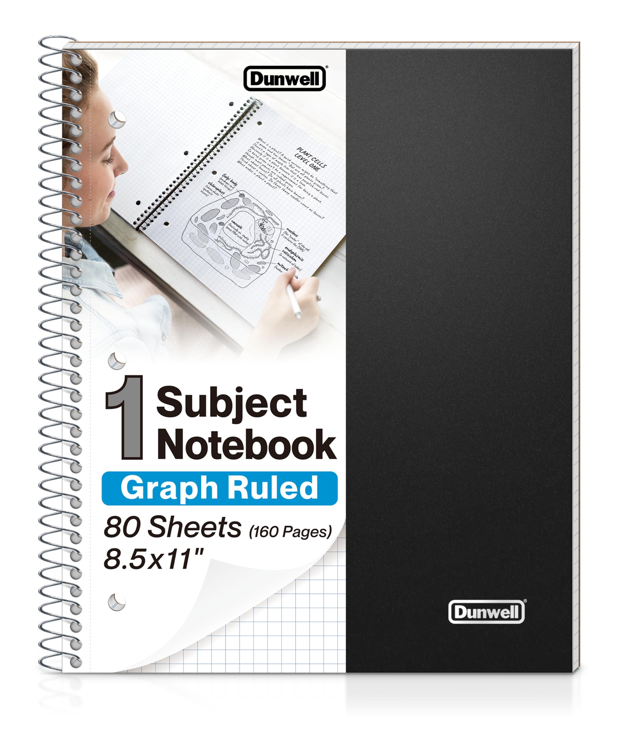 Dunwell Graph Paper Notebook 8.5 x 11, Plastic Cover, 80 Sheets, 4x4 Ruled, 1 Subject Spiral 1/4 Inch Grid Graphing Notebook, Divider with Pockets, Perforated Pages, 3-Hole Punched