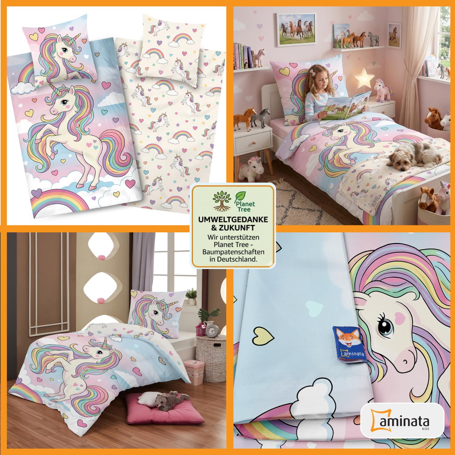 Aminata kids Bettwäsche 135x200 Einhorn-Motiv Mädchen 100% Baumwolle