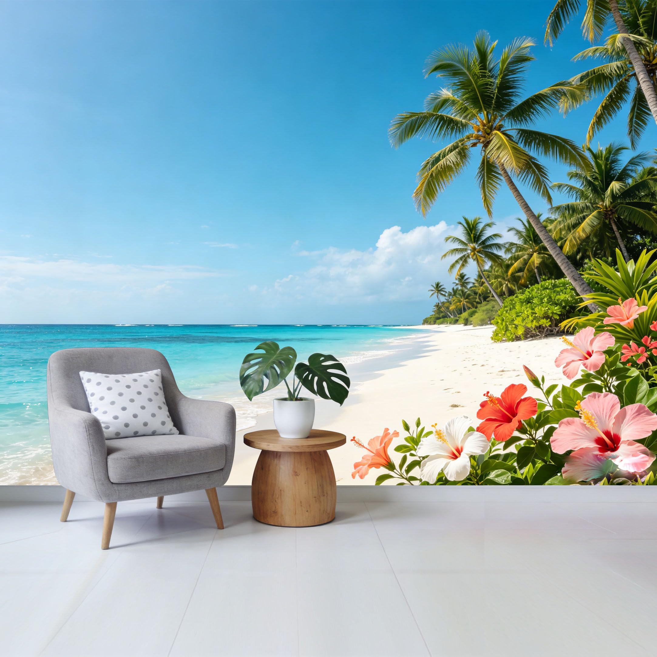 Qzlithotic Yq2605250044 Custom Size Wall Mural Tropical Beach Paradise Vibrant Hibiscus Flowers Blue Ocean View Selfadhesive Wall Fabric Removable Wallpaper For Home Office Decor