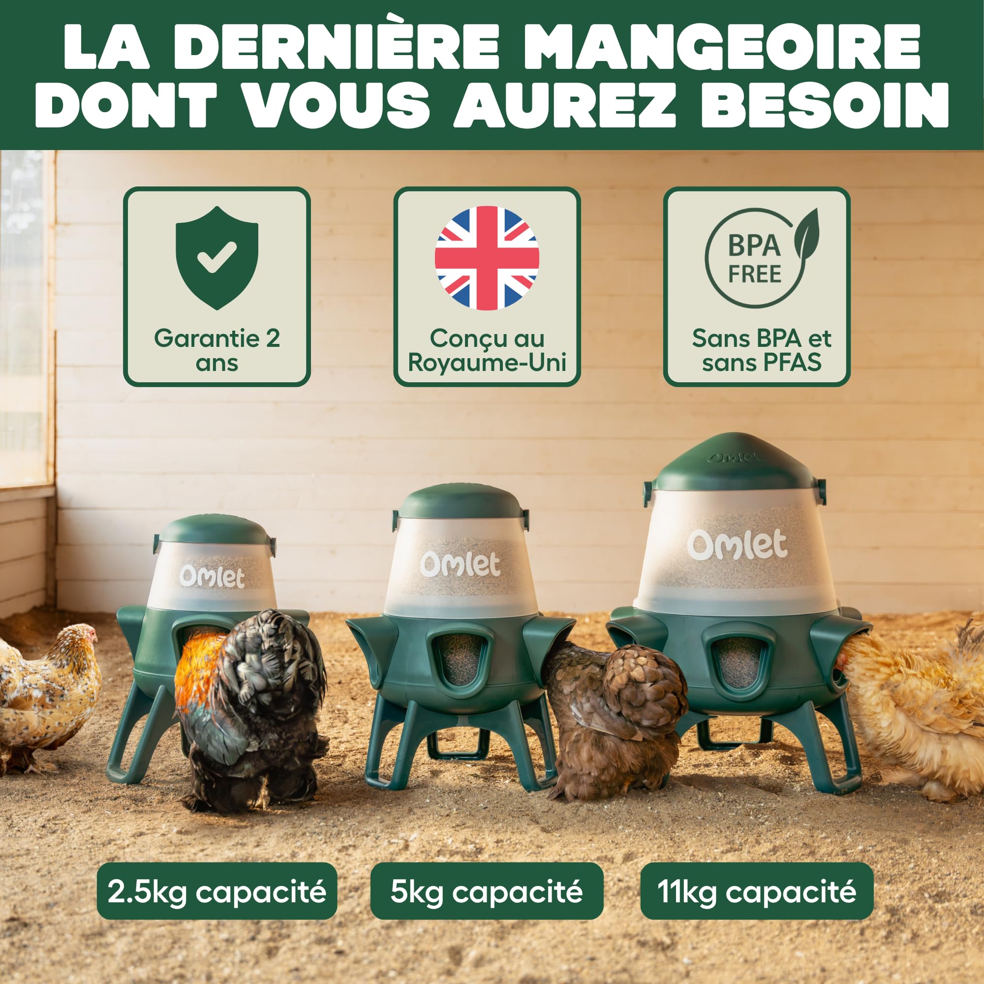 Omlet Mangeoire Poule Anti Gaspillage pour Poulailler | 5kg Mangeoire Volaille Anti-Renversement avec 5 Compartiments | Nourrit 6 Poules pendant 7 Jours | Suspendue ou Sur Pied