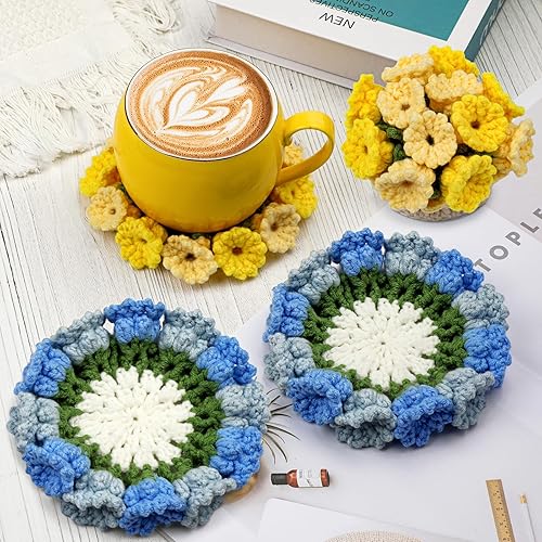 Kit de ganchillo para adultos principiantes, kit de posavasos de flores de ganchillo, kit de tejido con ganchillo, hilo de ganchillo, instrucciones