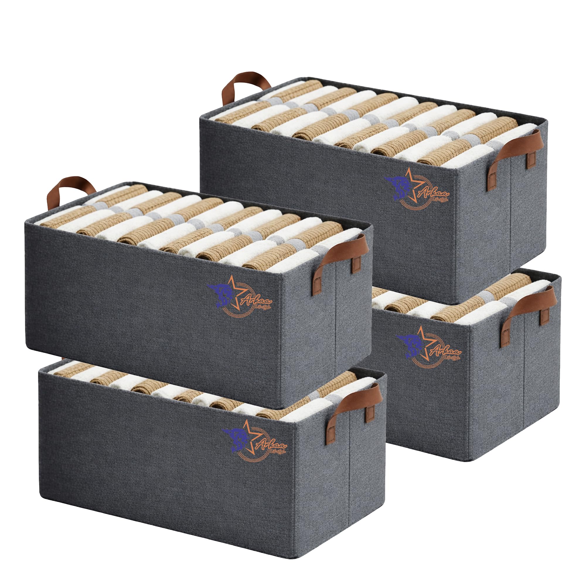 Arkaa Lifestyle 4 Pcs Cloth Organizers for Storage, Wardrobe Organizer Storage Box with Rectangle Metal Frame & Handles, Foldable Cupboard Organizer, Space Saver Basket for Home & Office,(Grey)