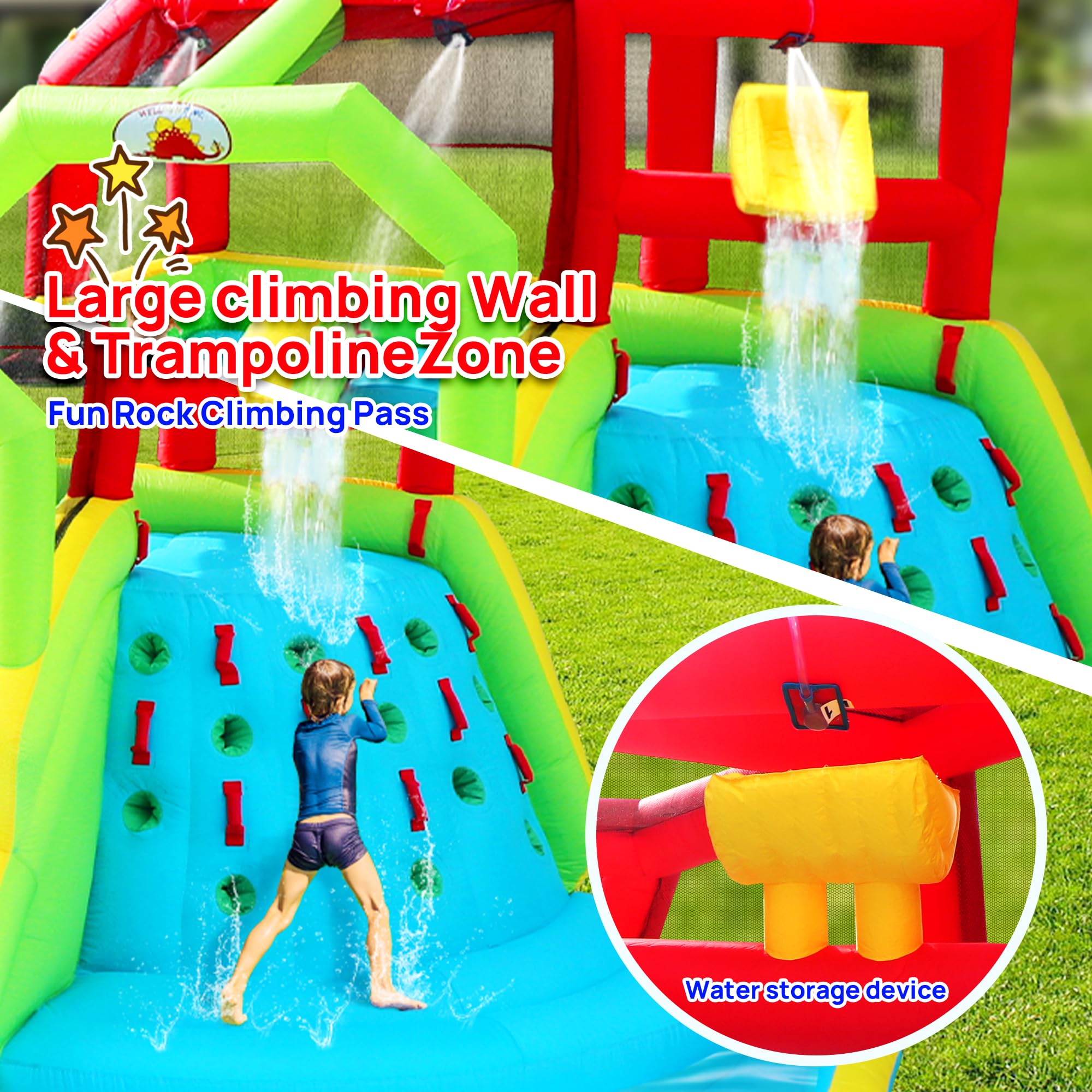 WELLFUNTIME - Parque inflable de doble toboganes con soplador, castillo hinchable con cortina de agua arcoíris, con tiro y escalada en roca