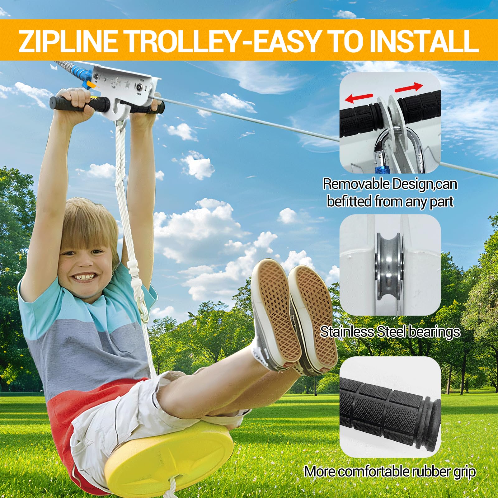 Slackline Set tirolina eslingas de Amarre 24 m 80 pies para niños y Adultos,Juego de Aventura en el Patio Trasero,hasta 150 kg Resistente,Cable de Seguridad y Freno de Resorte,Estilo de avión Naranja