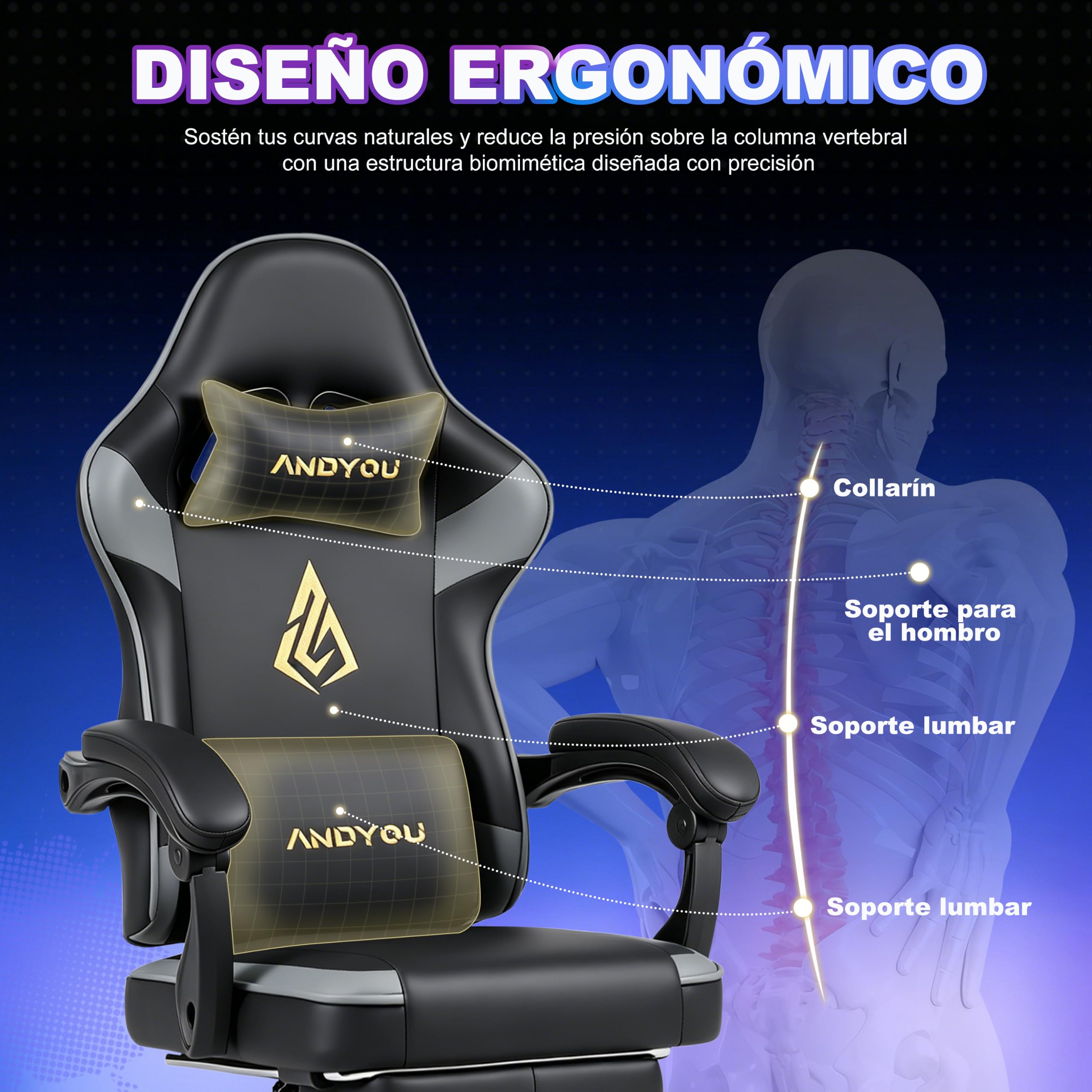 Andyou Silla Gaming Ergonomica con Reposapiés–Regulable en Altura, Cuero PU, Reposacabezas y Soporte Lumbar, Respaldo Reclinable 90-135°, 130 kg, Negro