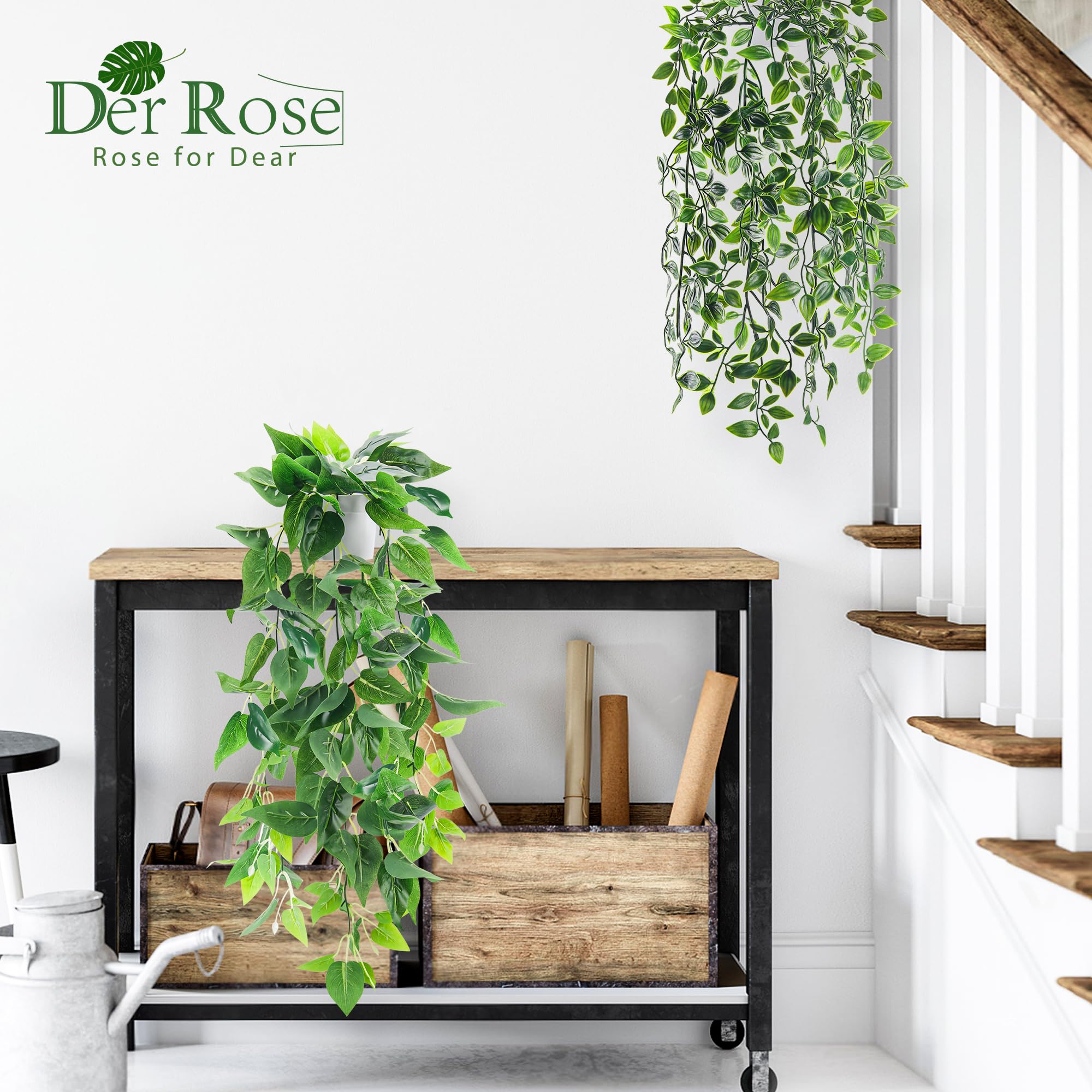 Der Rose 2 piezas de plantas falsas artificiales en maceta colgantes imitación de hiedra para interiores para decoración de baño, estante, pared, estantería