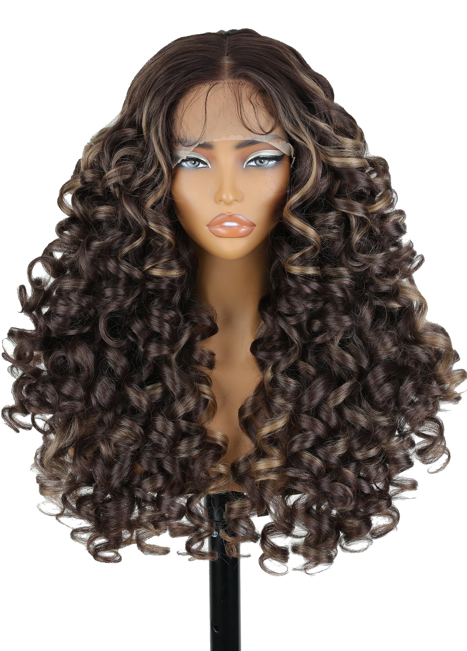 SOKU Long Curly Lace Front Wig for Black Women Highlight 13x4x1 Synthetic Lace Front Wigs Glueless Pre-Plucked Hairline with Baby Hair 22 Inch Heat