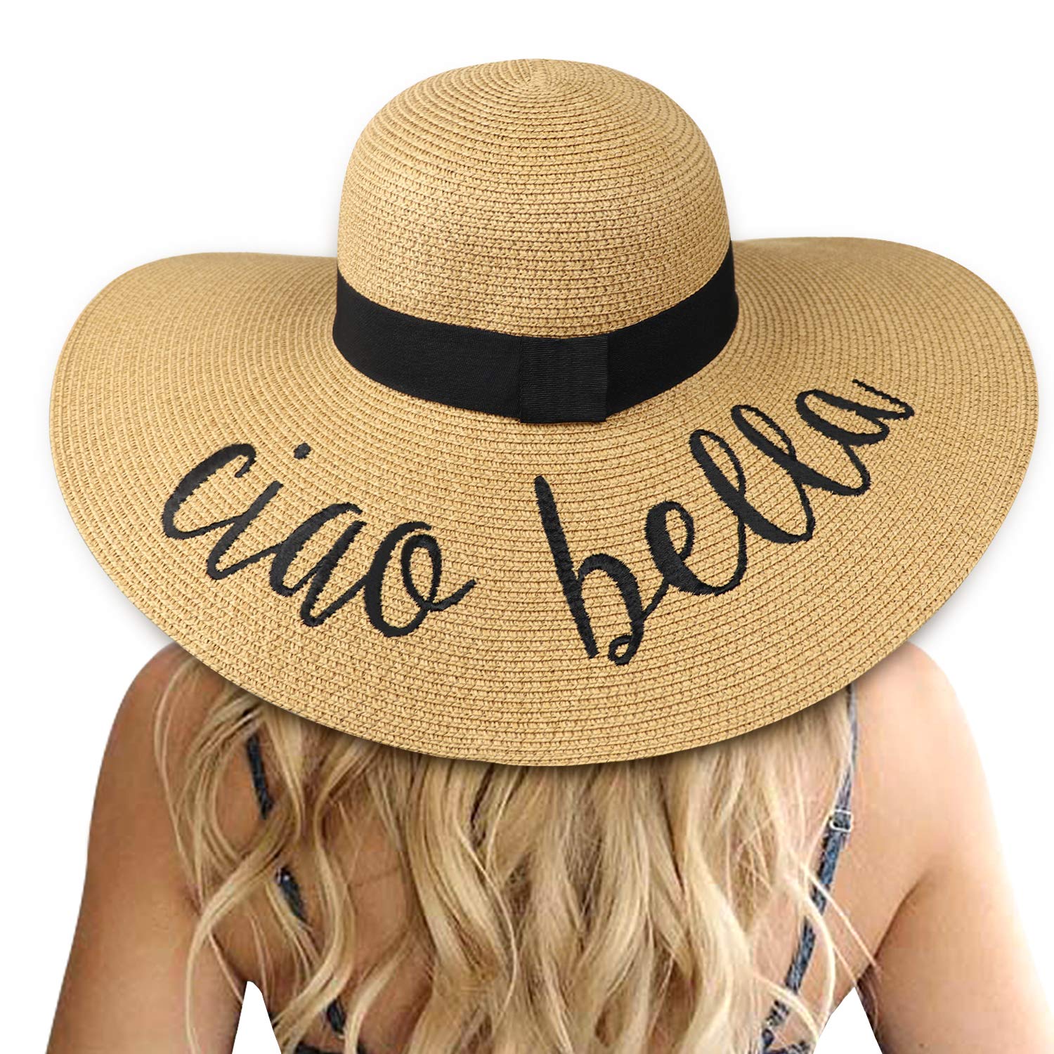 DRESHOWWomens Bowknot Straw Hat Foldable Beach Sun Hat Roll up UPF 50+