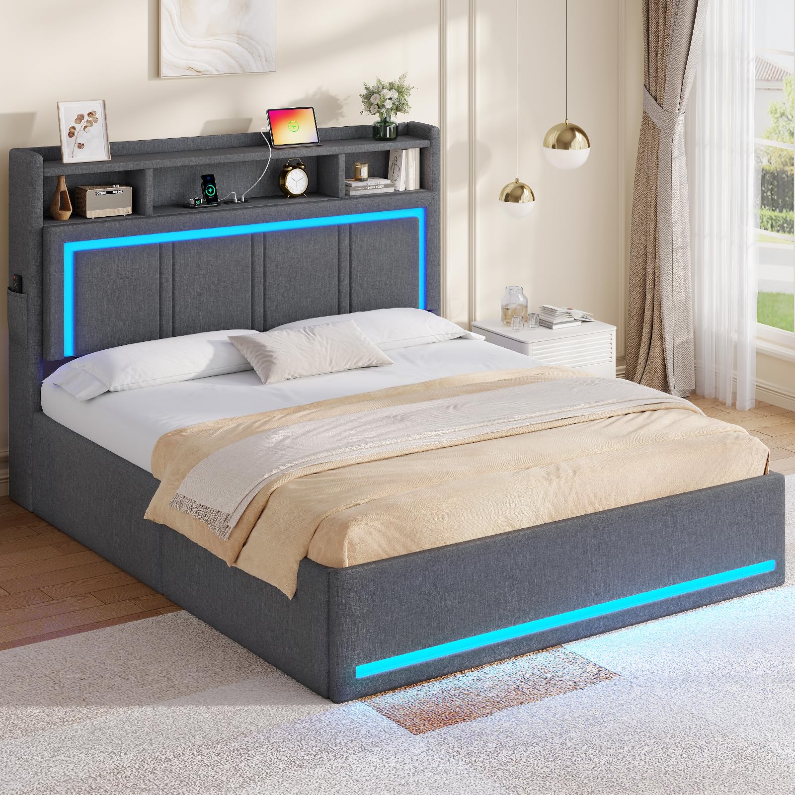 AOGLLATI Estructura Cama Matrimonio con Canapé Abatible 140x200 Gris Oscuro | LED regulable, 3 USB, 1 Type-C, almacenamiento hidráulico, cabecero tapizada