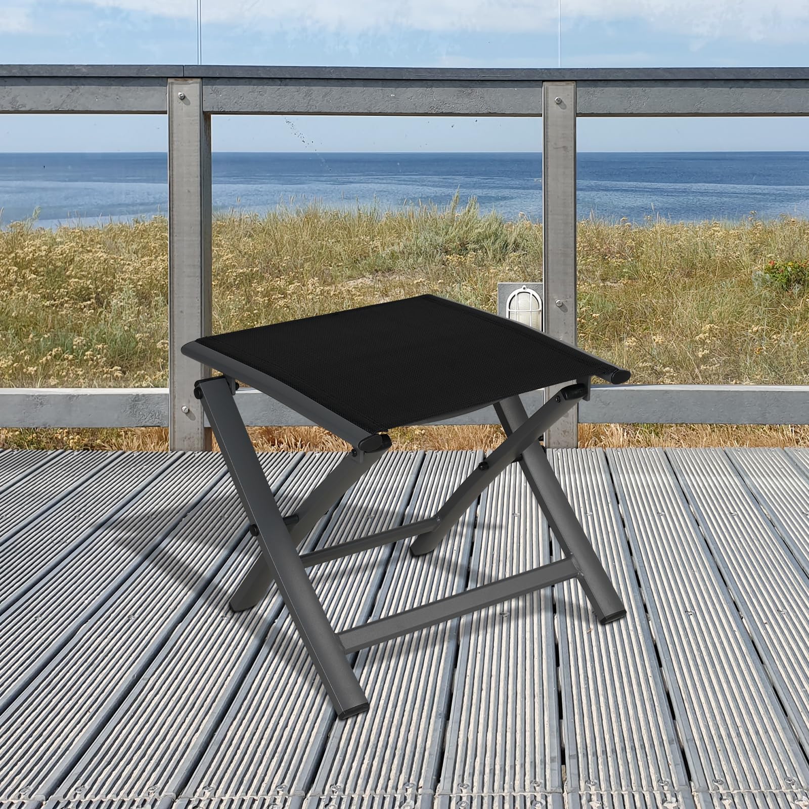 Grand patio Sgabello Poggiapiedi Pieghevole con Gambe in Alluminio, Multifunzionale Sgabellino, Piccolo Moderno Appoggia Piedi, Resistente Sgabello per Giardino, Salotto, Nero 40 x 41 x 45cm
