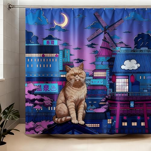 Miniatura 1 de Cortina de ducha de gato japonés neón de ciudad, impermeable, decoración Cyberpunk de poliéster para niños y adultos, se adapta a bañera, ducha y