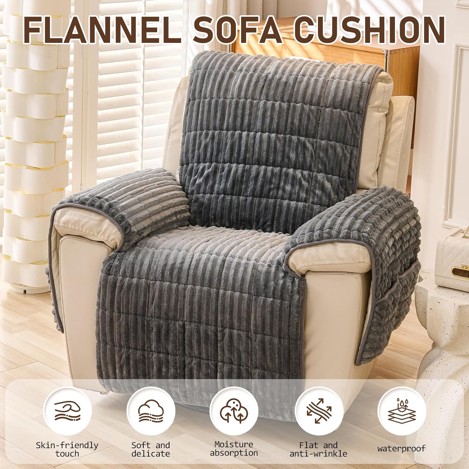 23-Inch Quilted Recliner Cover, Dark Gray Rabbit Fur Lazy Boy Chair Protector, Washable Fabric Slipcover for Pets and Kids, Suitable for Chaise Lounges and Furniture