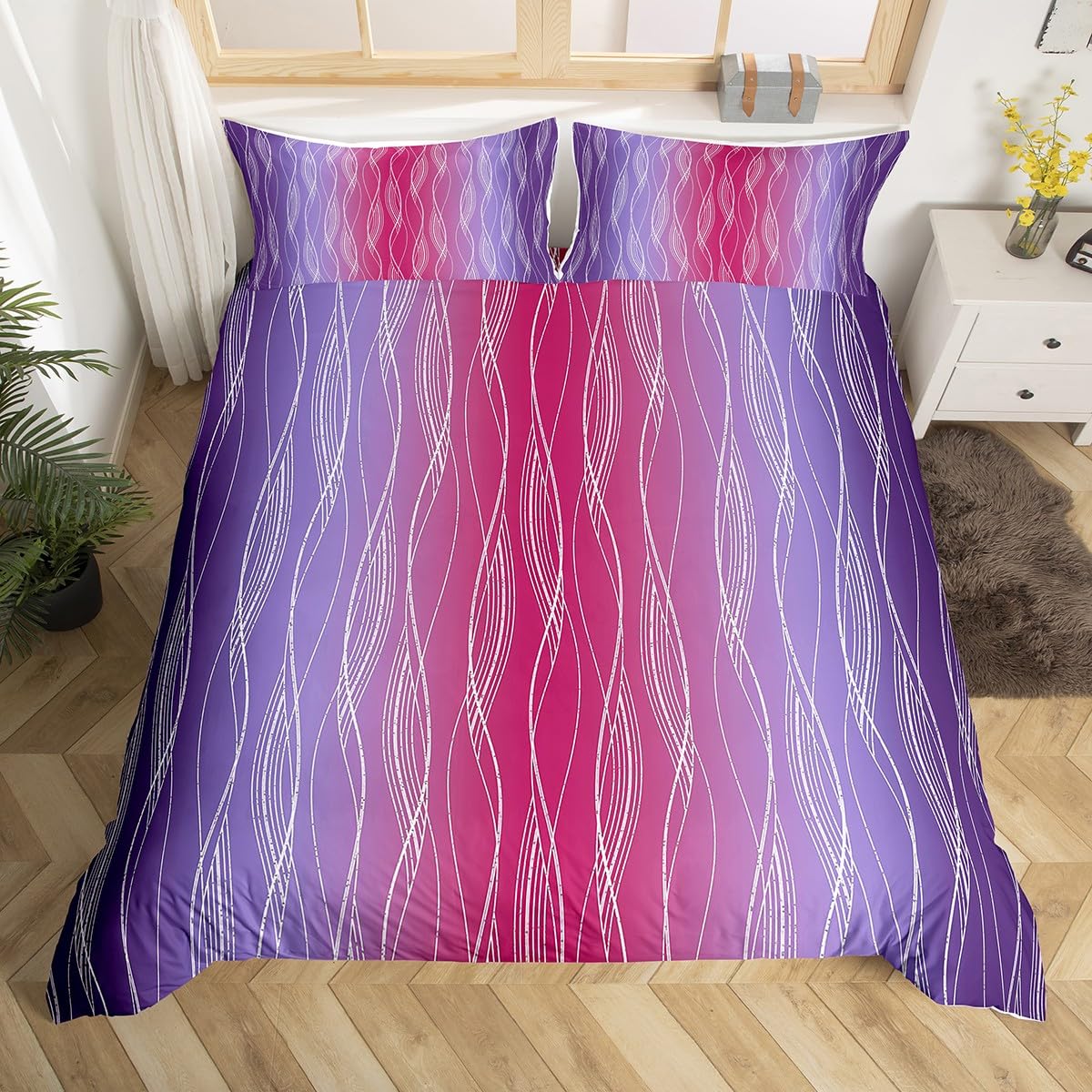 Homewish Girls Abstract Ombre Bedding Set King Red And Purple Gradient Duvet Cover Kids Teen Geometric Silver Striped Comforter Cover Aesthetics Wavy Line Bedspread Cover Zipper 2 Pillow Cases