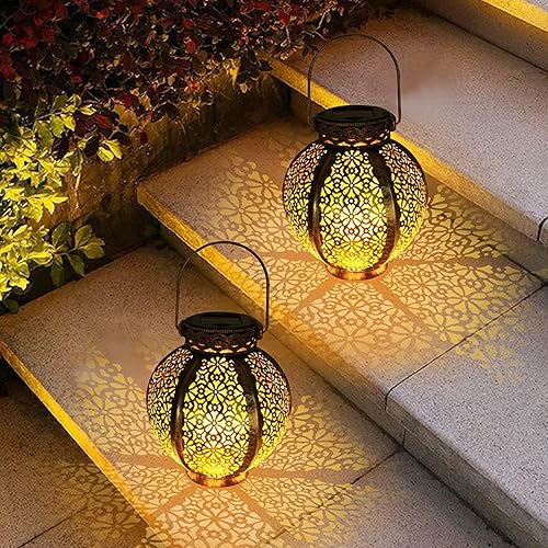 Miniatura 1 de Faroles solares impermeables para exteriores, paquete de 2, faroles solares retro de metal colgantes para jardín, patio, fiesta