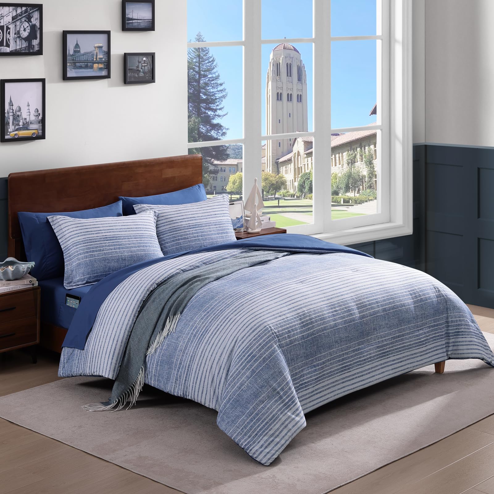 ((similar))Twin XL Comforter Set Striped, Ocean Blue Coastal Bedding Set 5 Pieces for Boys Girls Teen, All Season Bed in a Bag for Dorm with Sheets, Pillowcase & Sham