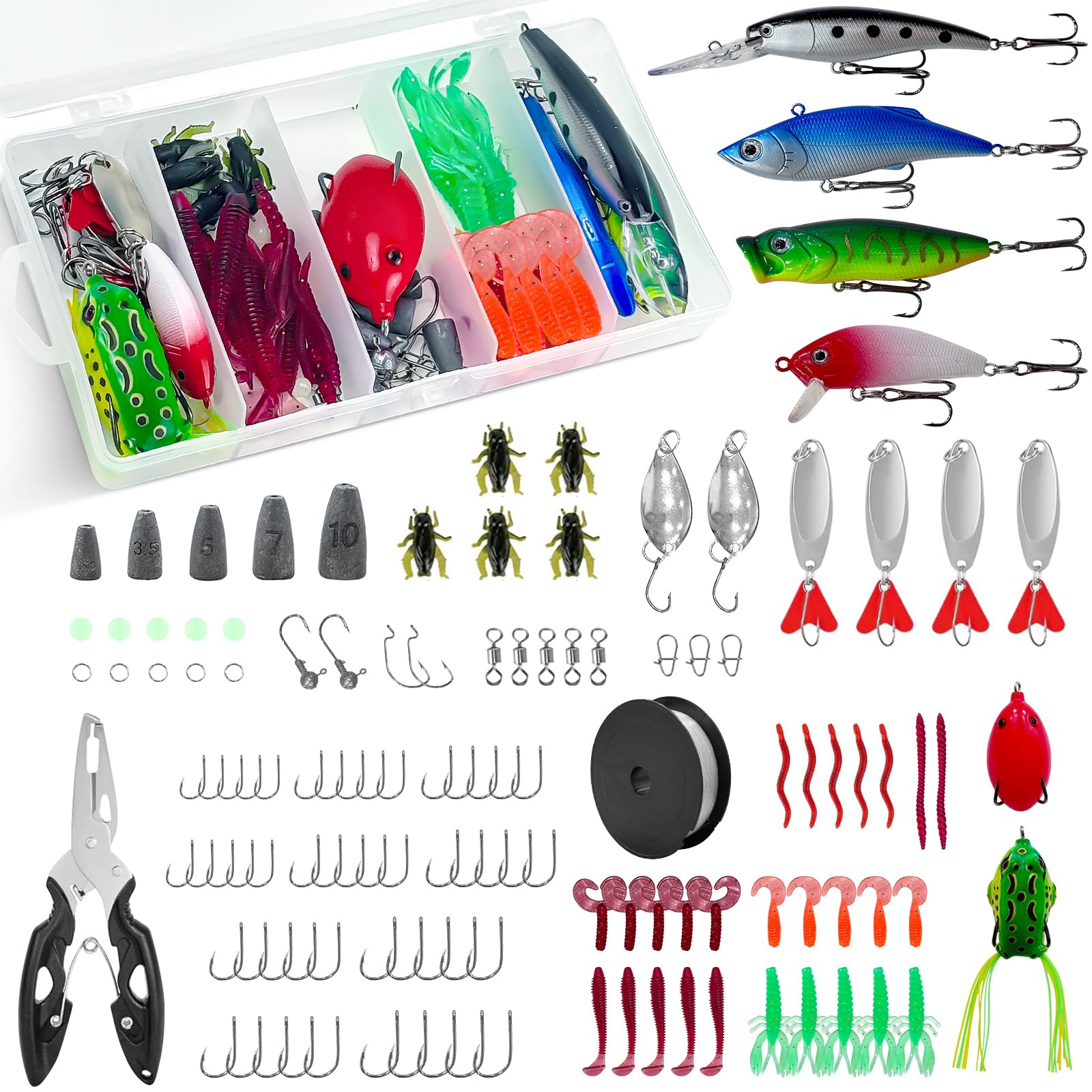 174 PCS Fishing Lure Accessories, Including Plastic Worms, Frogs, Fish Hooks, Pliers, Fish Lines, Suitable for Father's Day, Birthday, or Christmas