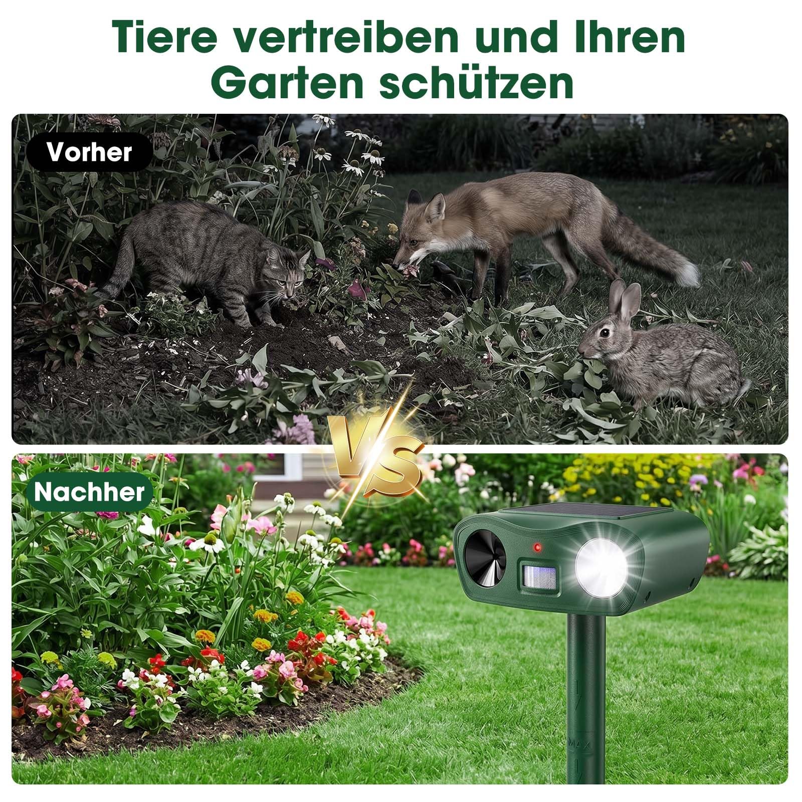 Katzenschreck Ultraschall, Solar Tiervertreiber und Blitz, Maulwurf vertreiber, Katzenabwehr für Garten, Wirksam Gegen Katzen, Hunde, Marder, und Vögel Schädlineg, 4-teiliges Set