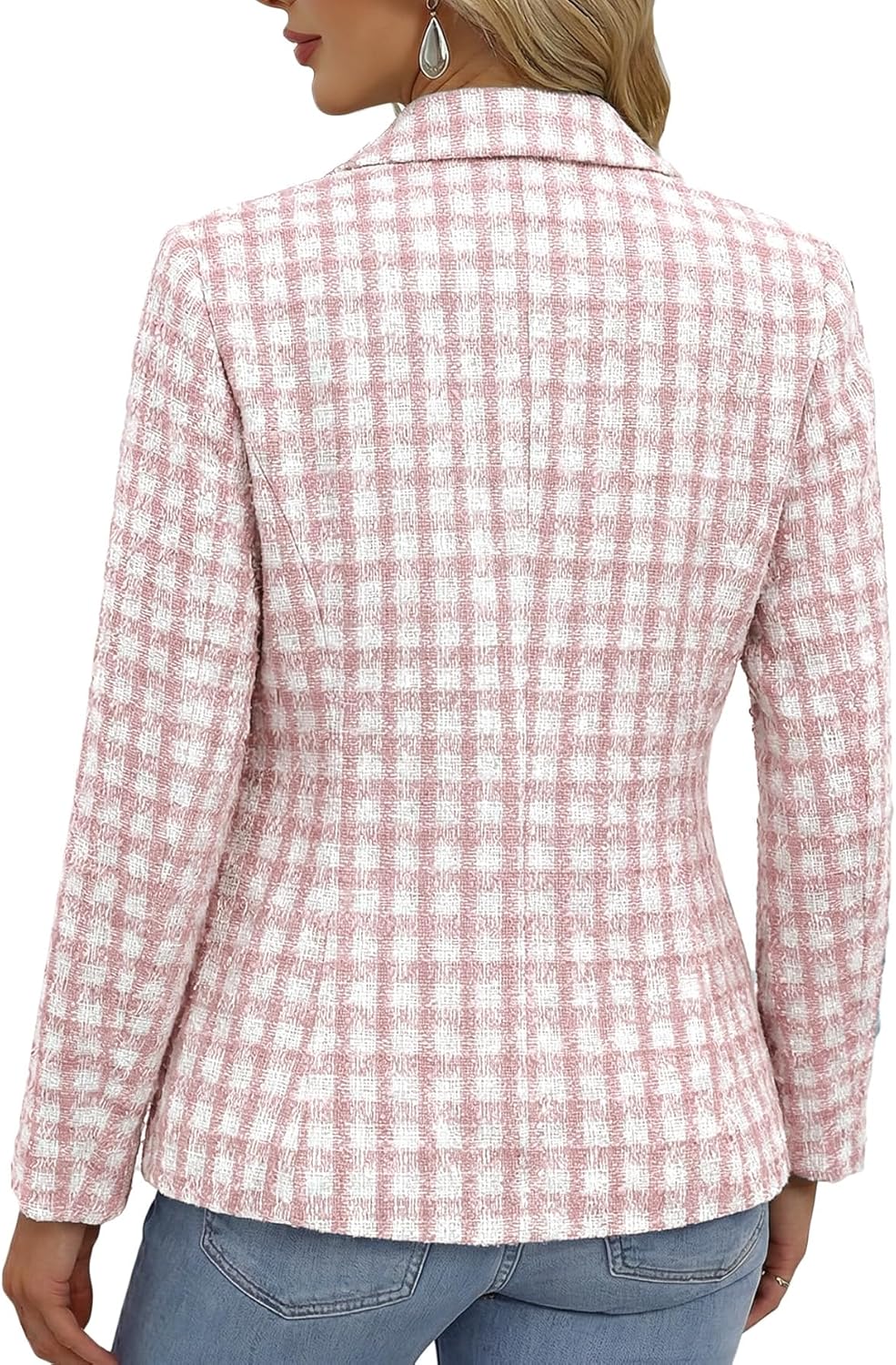 Mina Self 2026 Spring Women's Tweed Plaid Blazer Jacket - Double-Breasted Fully-Lined Slim Petite Cute Casual Work Pocket - Image 4