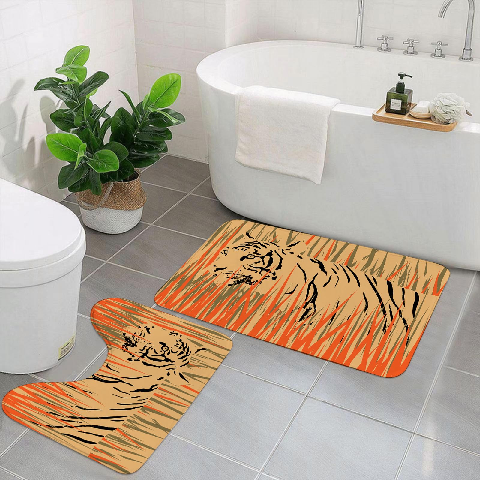 Set di 2 tappetini da Bagno, Lavabili in Lavatrice e Antiscivolo, in Morbida Fibra Superfine, con Decorazione a Tema Fauna Selvatica, Tigre tra i cespugli, Mimetica, carnivoro, Pre