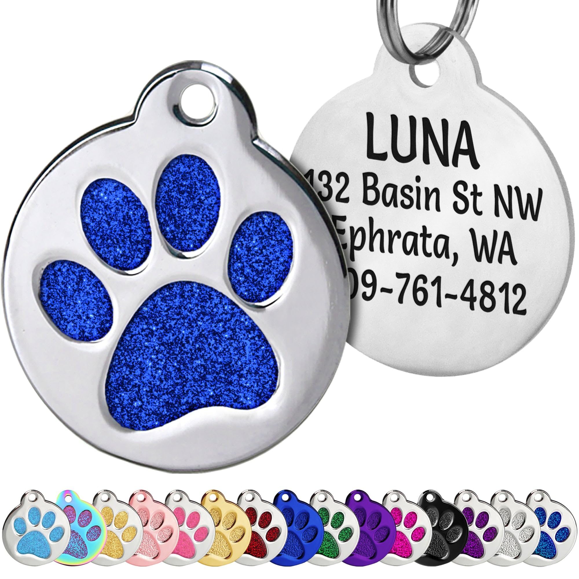 GoTags Personalized Paw Print Pet Tag Stainless Steel for Dogs and Cats, 4 Lines of Custom Engraved ID Name and Number, in Stainless Steel and 15 Colors Glitter (Large Pack of 1)