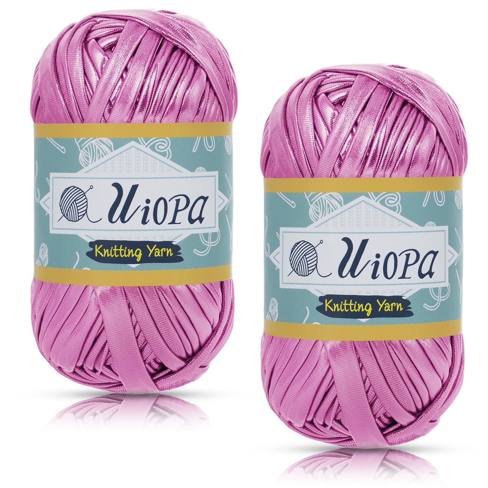 Uiopa Metallic T-Shirt Yarn, 2 x 100g(2 x 45m) Knitting Fabric Cloth Tshirt Yarn, Polyester Chunky Crochet Ribbon for Crocheting Bags, Baskets, Home Decor, DIY Crafts (Rose Pink)