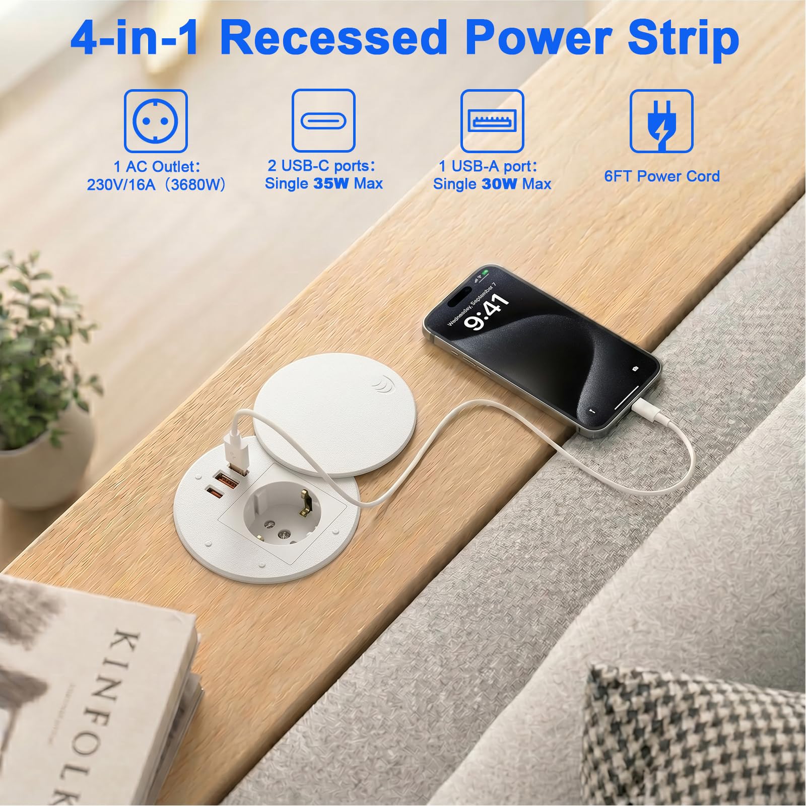 2-pak, gniazdko do zabudowy z USB-C PD 35 W, Ø 80 mm, białe | USB-A QC 30W, 1 Schuko + 3 USB, osłona przeciwpyłowa, kabel 1,8 m, do biurka i kuchni