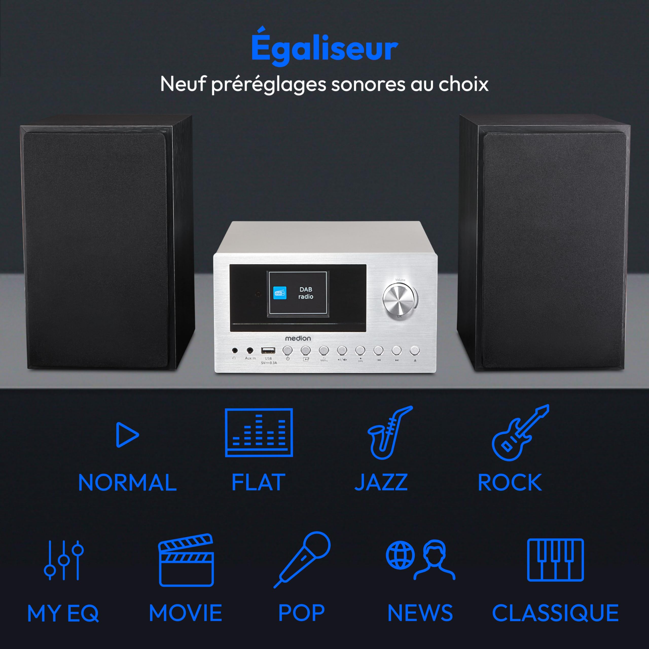 MEDION P85003 Mini Chaîne HiFi avec Lecteur CD (WiFi, Bluetooth, Radio Internet, Dab +, USB, AUX, Égaliseur, Écran Couleur TFT avec télécommande, 2X 15 W RMS) Argent
