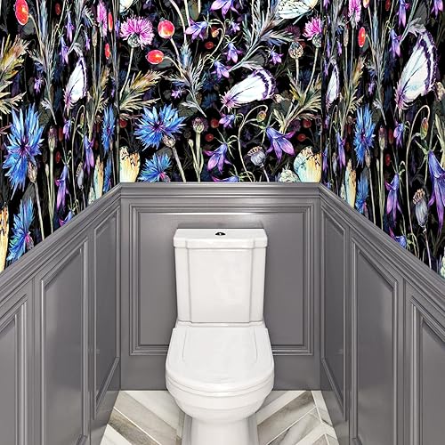 Miniatura 3 de Papel tapiz floral de primavera, papel tapiz de flores silvestres oscuras y mariposas, papel tapiz de contacto floral extraíble, papel de contacto