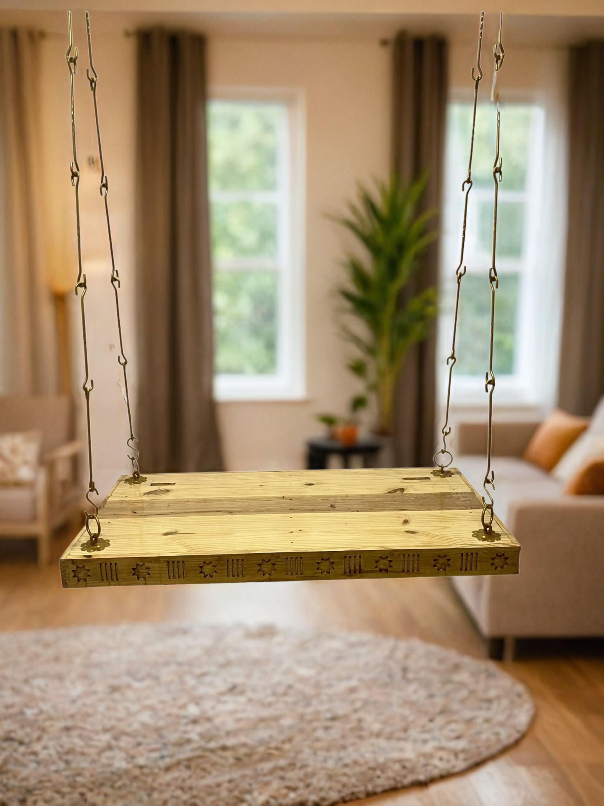 Jairi Traders Plank Wooden Swing Indoor Outdoor Teak Wood (4x2 Feet) Accessories Plain Natural Colour with Carving Boarder Brass Coated Accessories