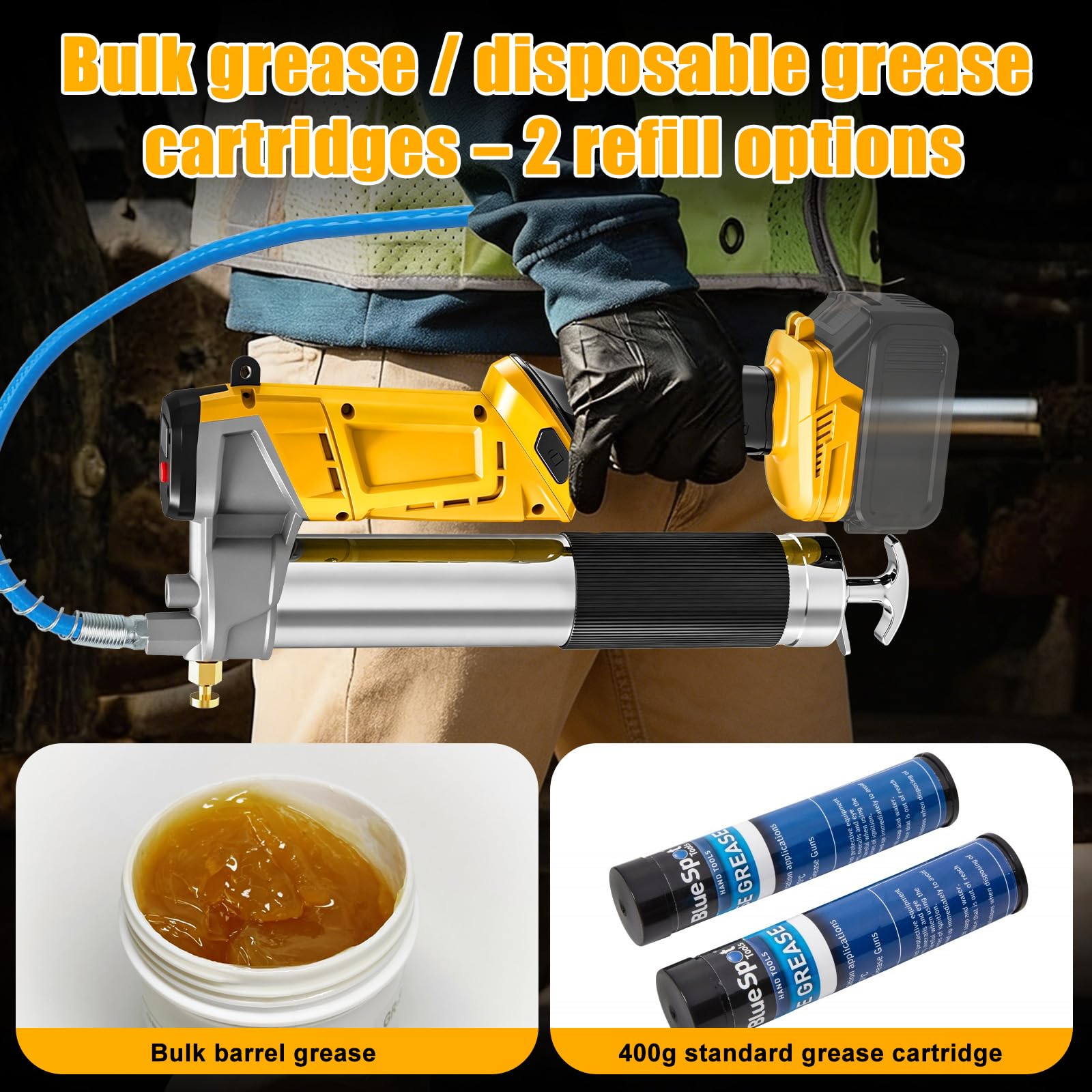 Pistola de engrase a batería compatible con batería Dewalt de 20 V, caudal de 160 g/min, 6000 – 13000 PSI de alta presión | Luz LED, diseño 2 en 1 (parado/tumbado), para coche, maquinaria