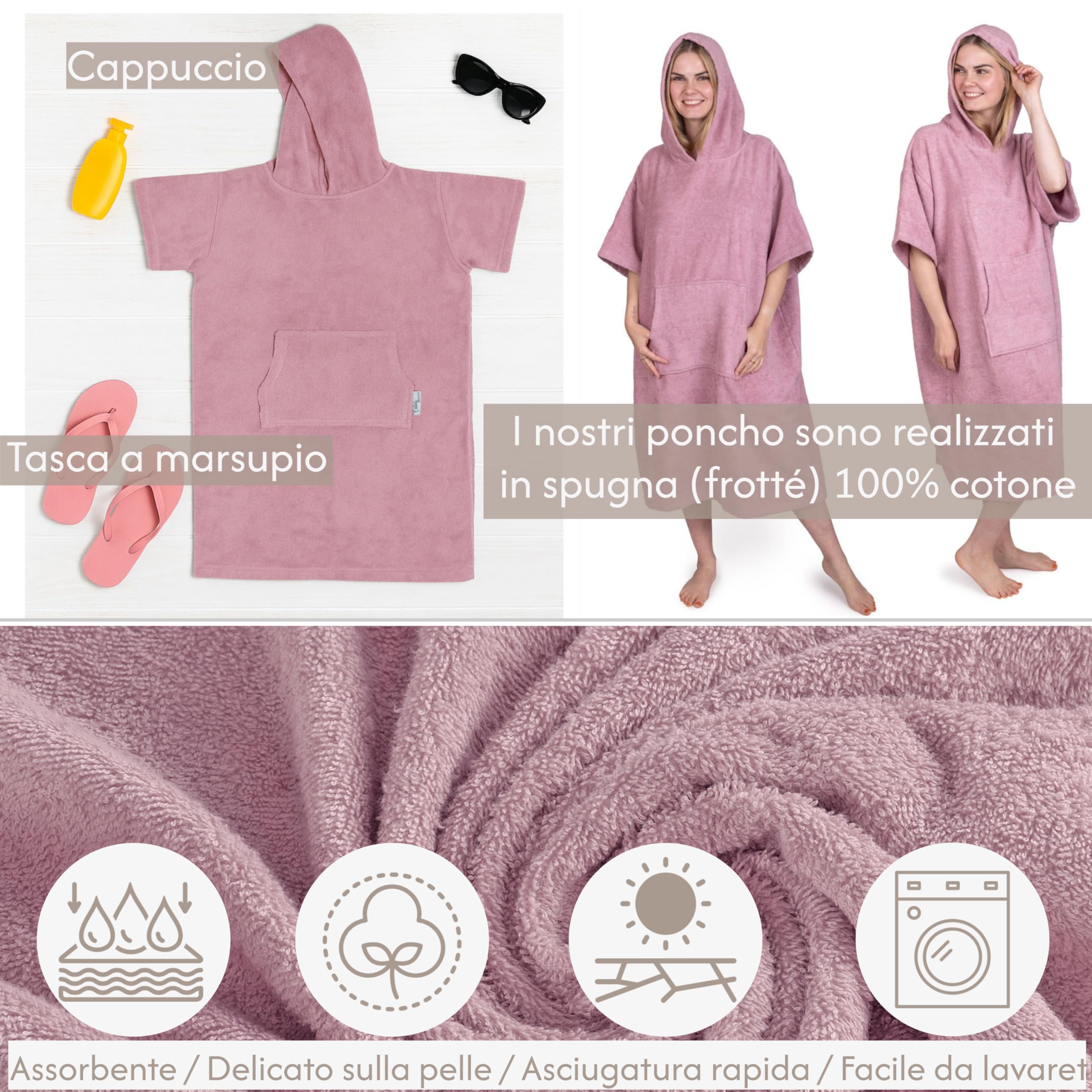 Poncho da bagno Donne Uomini - 100% cotone Asciugamano da spiaggia da surf con Cappuccio e tasca frontale Asciugamano in Spugna S/M Rosa antico