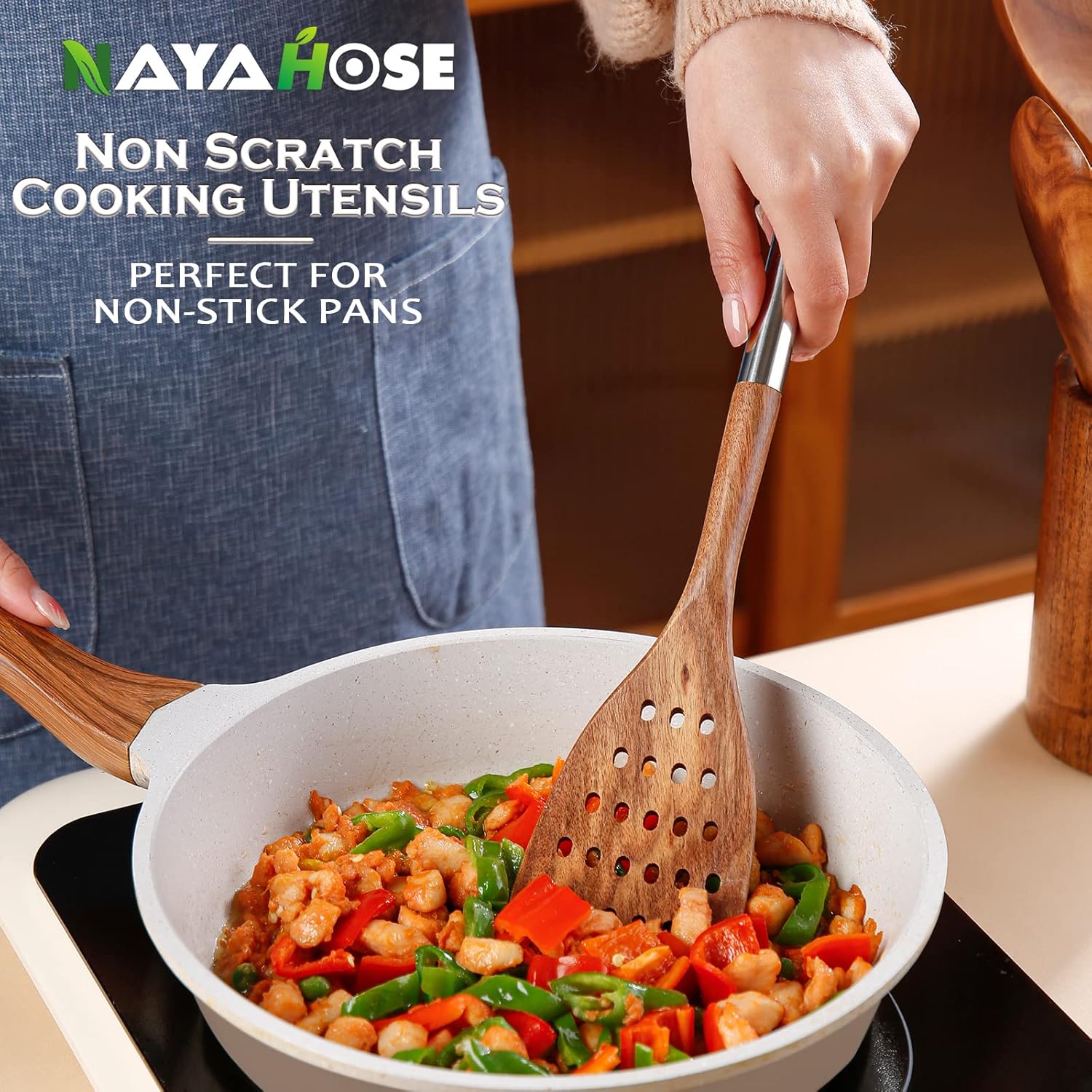 Wooden Utensil Set 10 Pcs with Stainless Steel Handle, Natural Teak Wooden Cooking Set with Holder & Spoon Rest, Wooden Spoons for Cooking, Non-scratch, Sturdy & Easy to Clean, Kitchen Gifts - Image 6